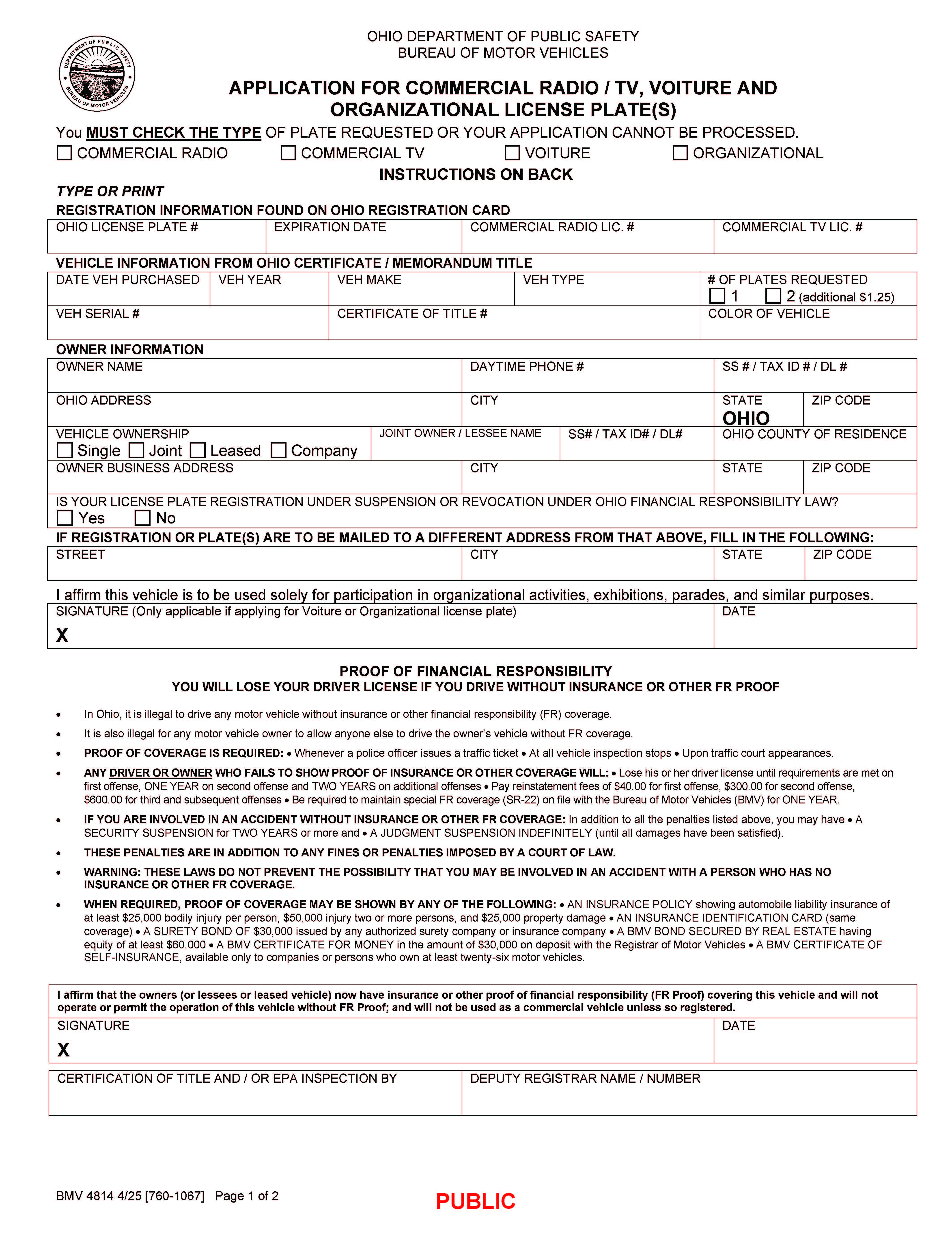 Application For Commercial Radio TV Voiture And Organizational License Plates {BMV 4814} | Pdf Fpdf Docx | Ohio