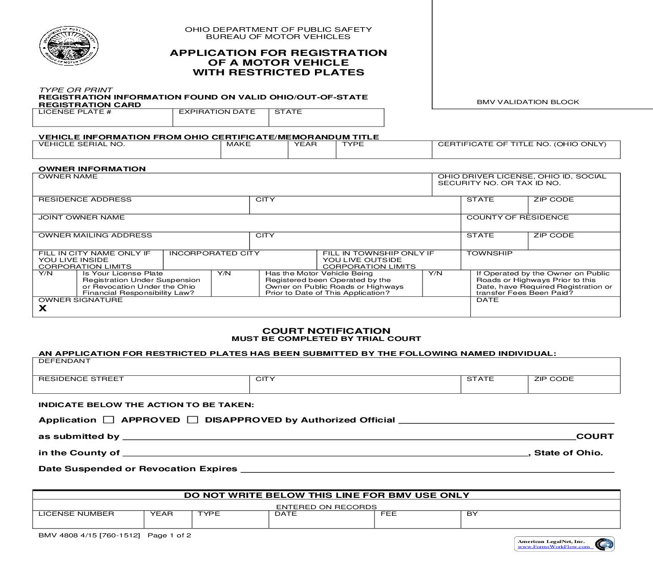 Application For Registration Of A Motor Vehicle With Restricted Plates {BMV 4808} | Pdf Fpdf Doc Docx | Ohio