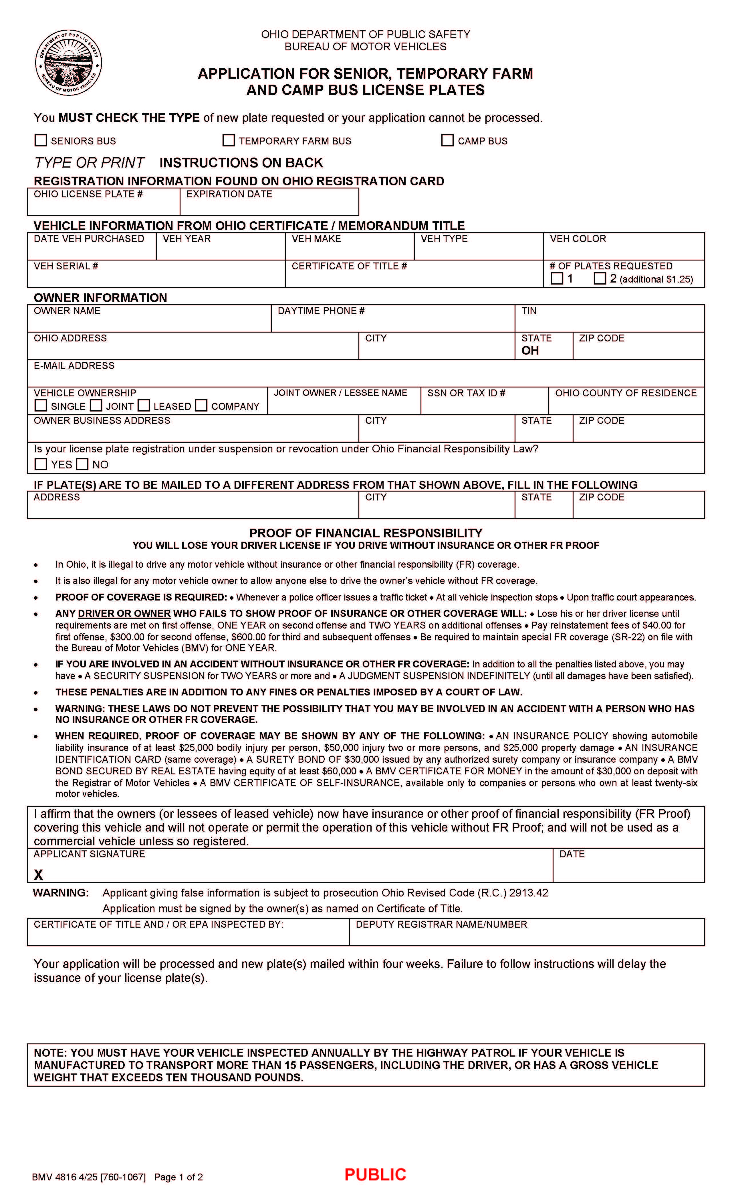 Application For Seniors Temporary Farm Bus And Camp Bus License Plates {BMV 4816} | Pdf Fpdf Docx | Ohio
