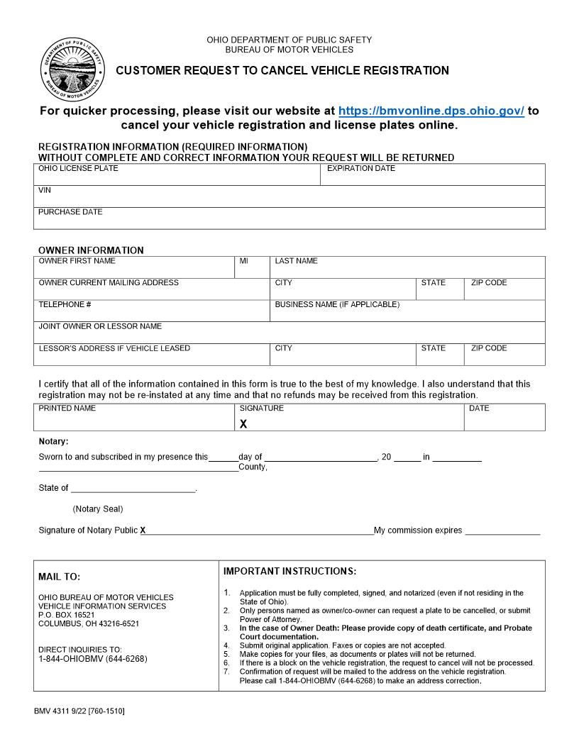 Customer Request To Cancel Vehicle Registration {BMV 4311} | Pdf Fpdf Docx | Ohio