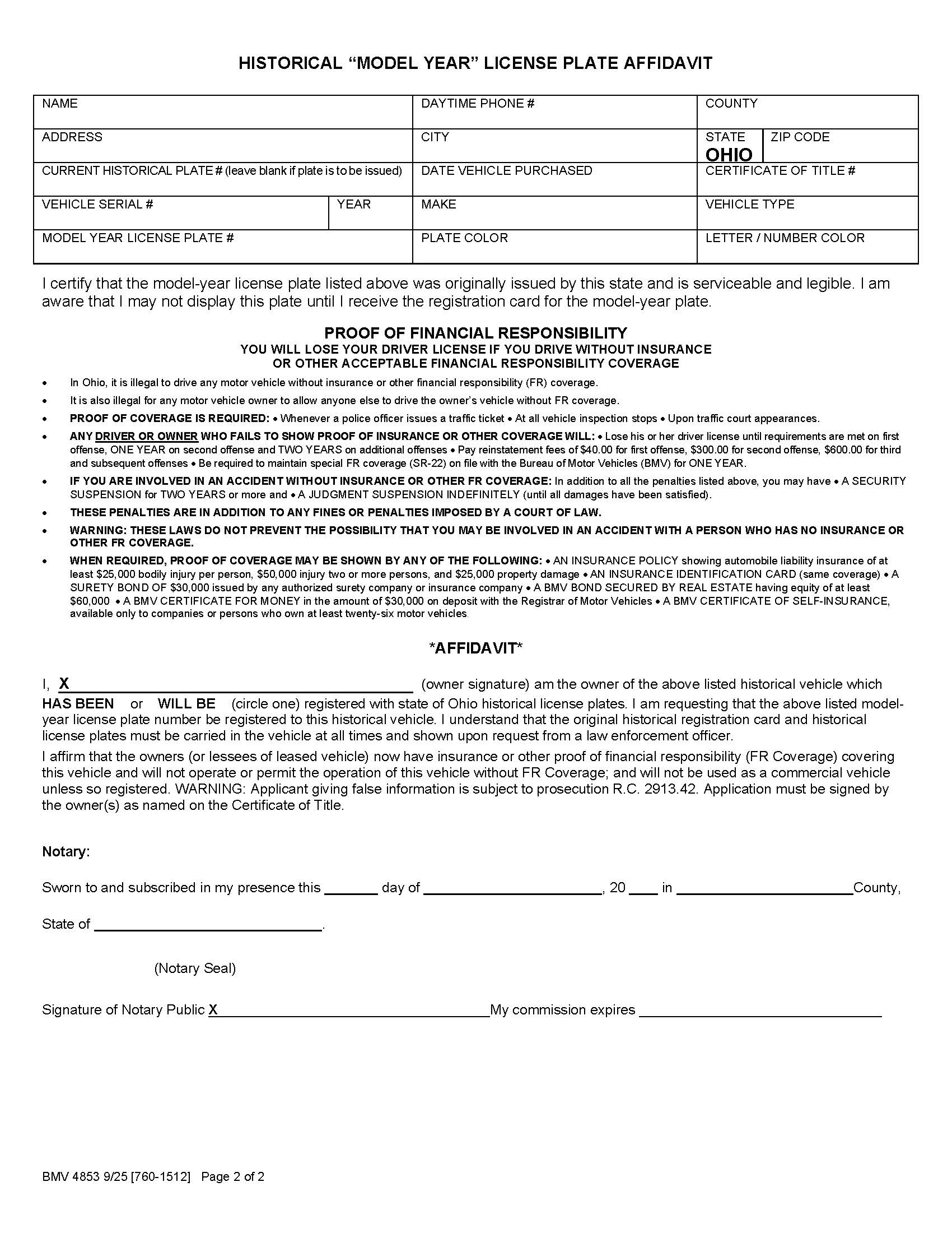 Historical Model Year License Plate Affidavit {BMV 4853} | Pdf Fpdf Docx | Ohio
