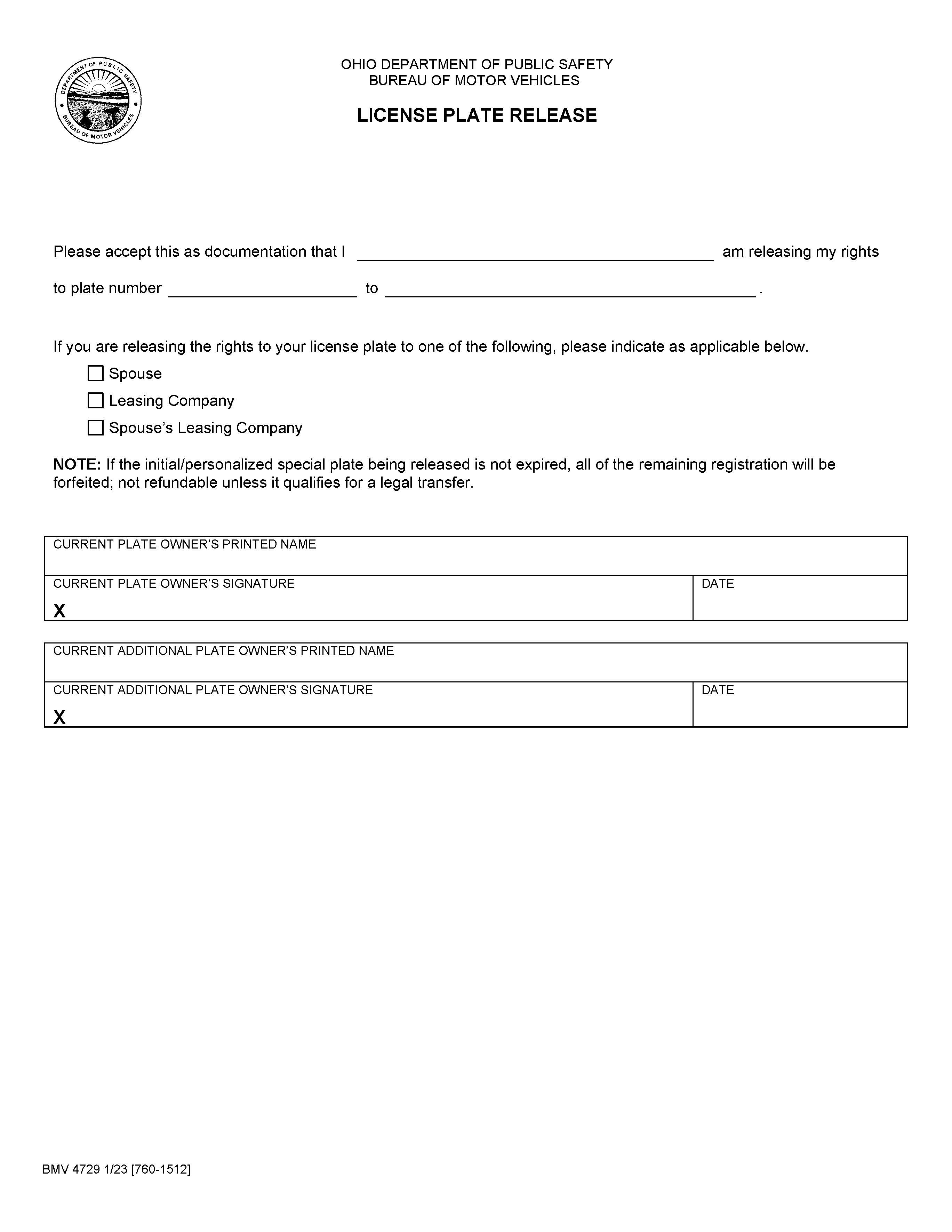 License Plate Release {BMV 4729} | Pdf Fpdf Doc Docx | Ohio