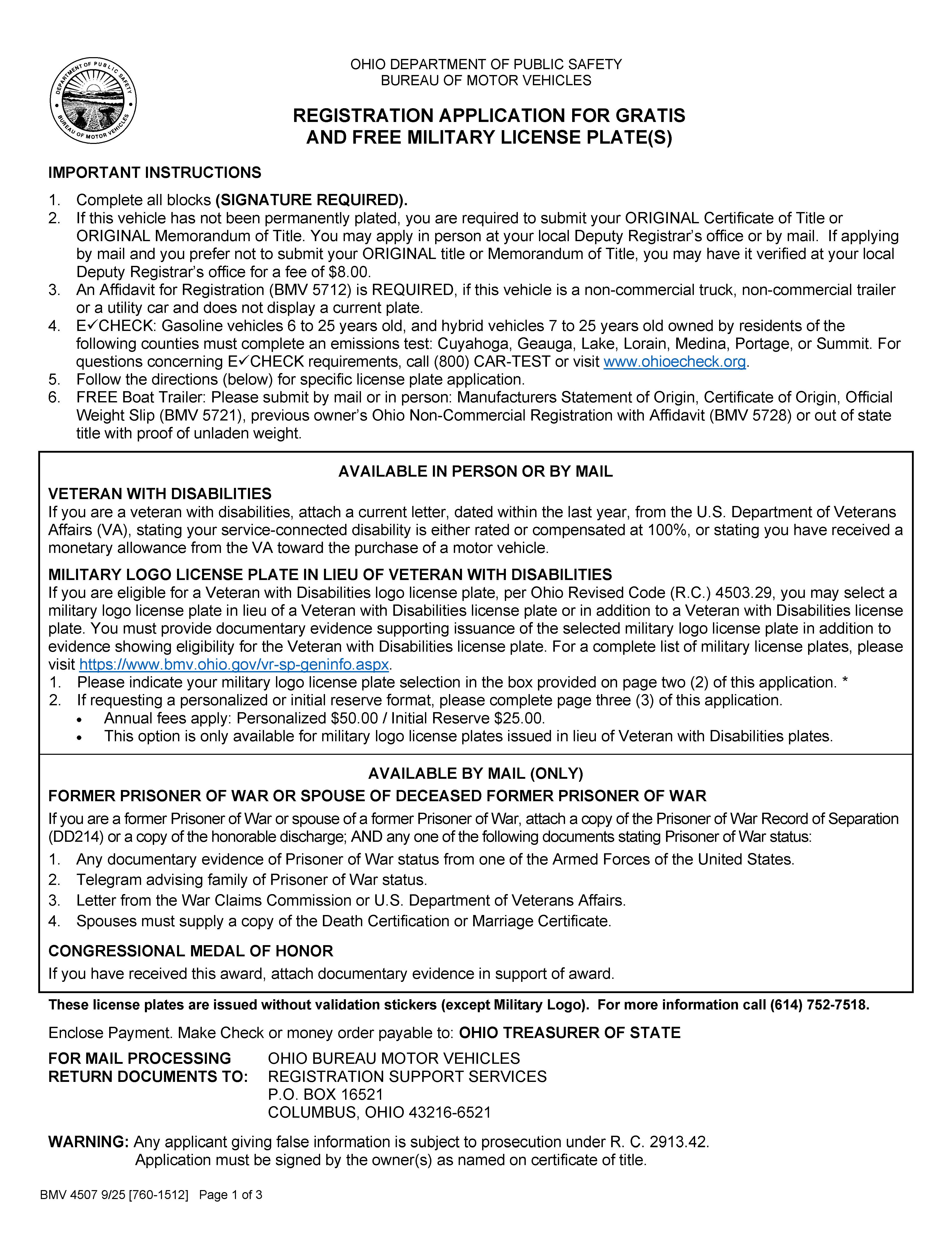 Registration Application For Gratis Military License Plates {BMV 4507} | Pdf Fpdf Docx | Ohio