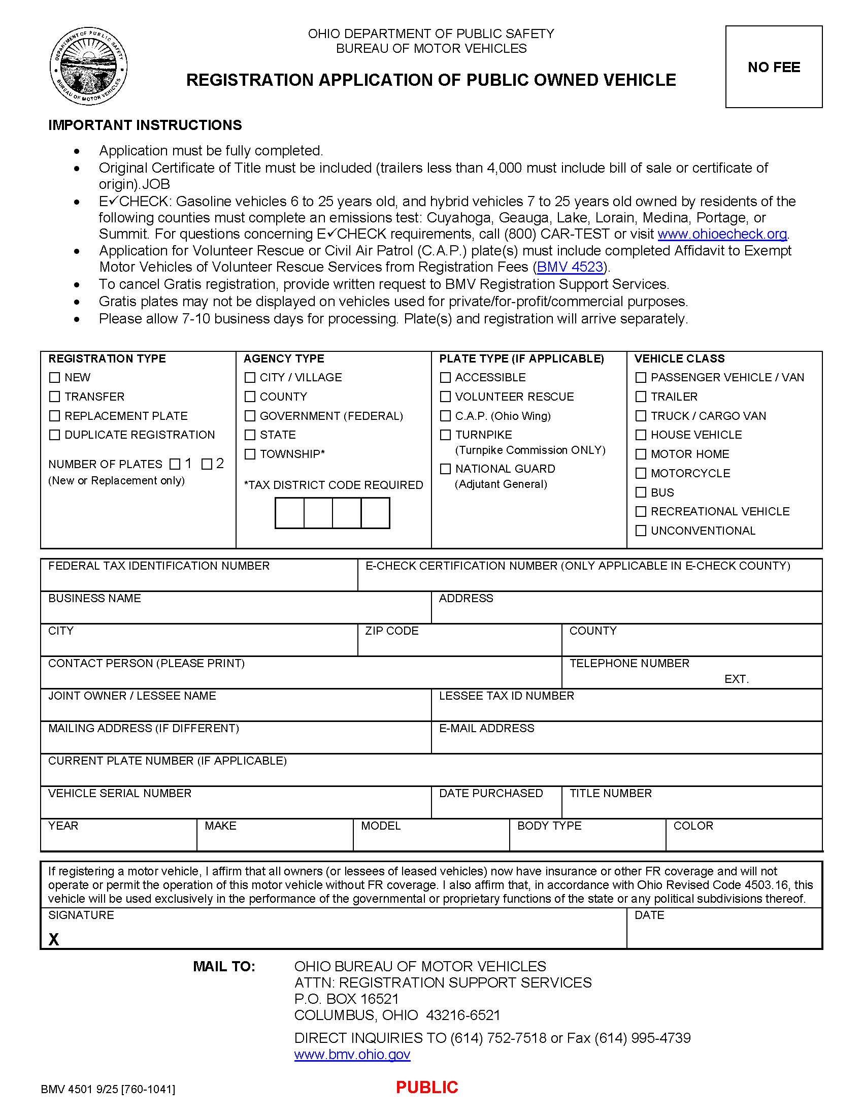 Registration Application Of Public Owned Vehicle {BMV 4501} | Pdf Fpdf Docx | Ohio
