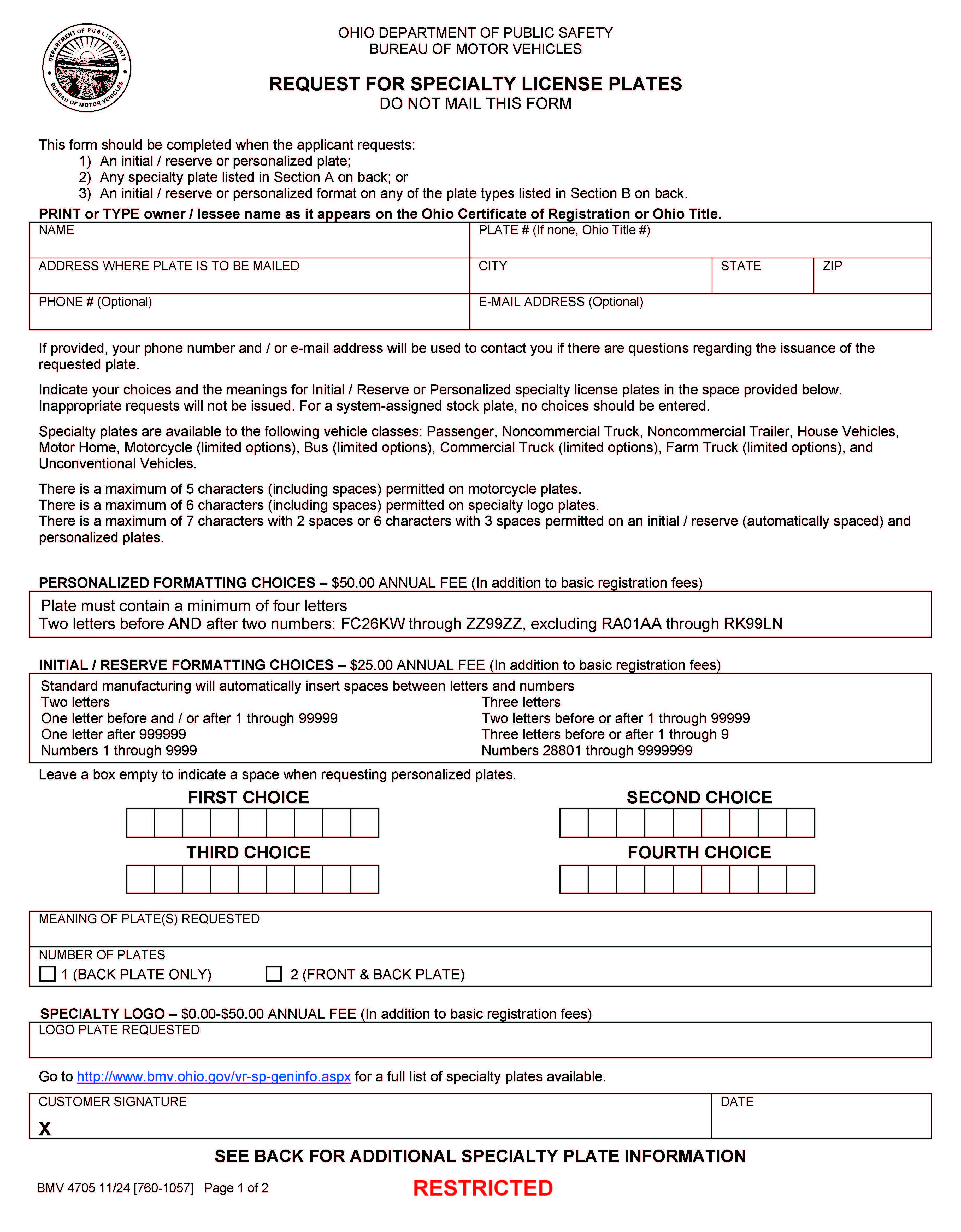 Request For Special License Plates {BMV 4705} | Pdf Fpdf Doc Docx | Ohio
