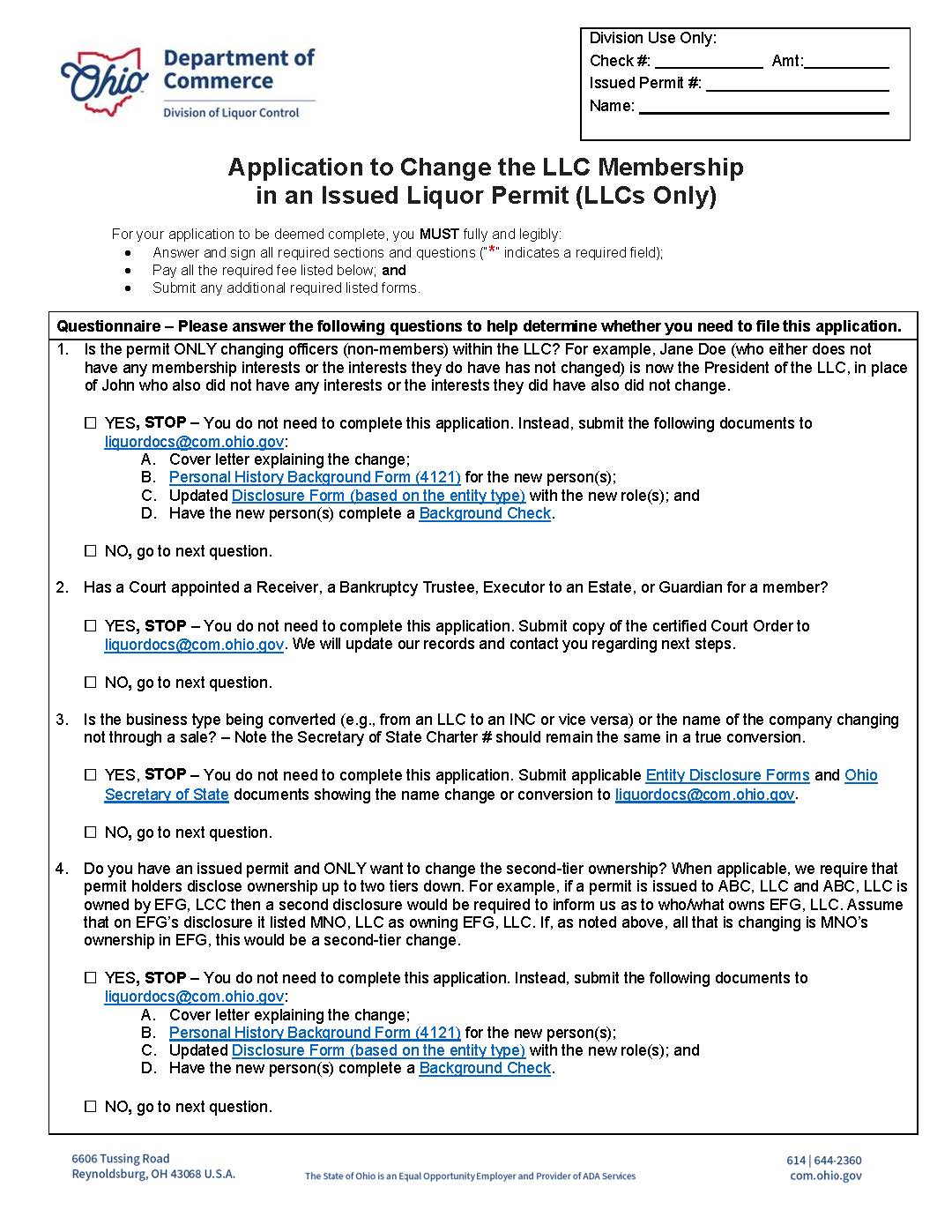 Application For Change Of LLC Membership Interests {DLC 4259} | Pdf Fpdf Doc Docx | Ohio