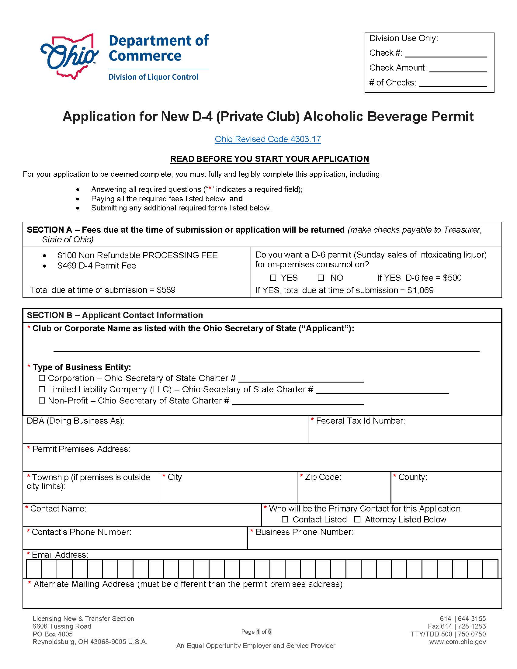Application For D-4 (Club) Permit {DLC 4171} | Pdf Fpdf Doc Docx | Ohio