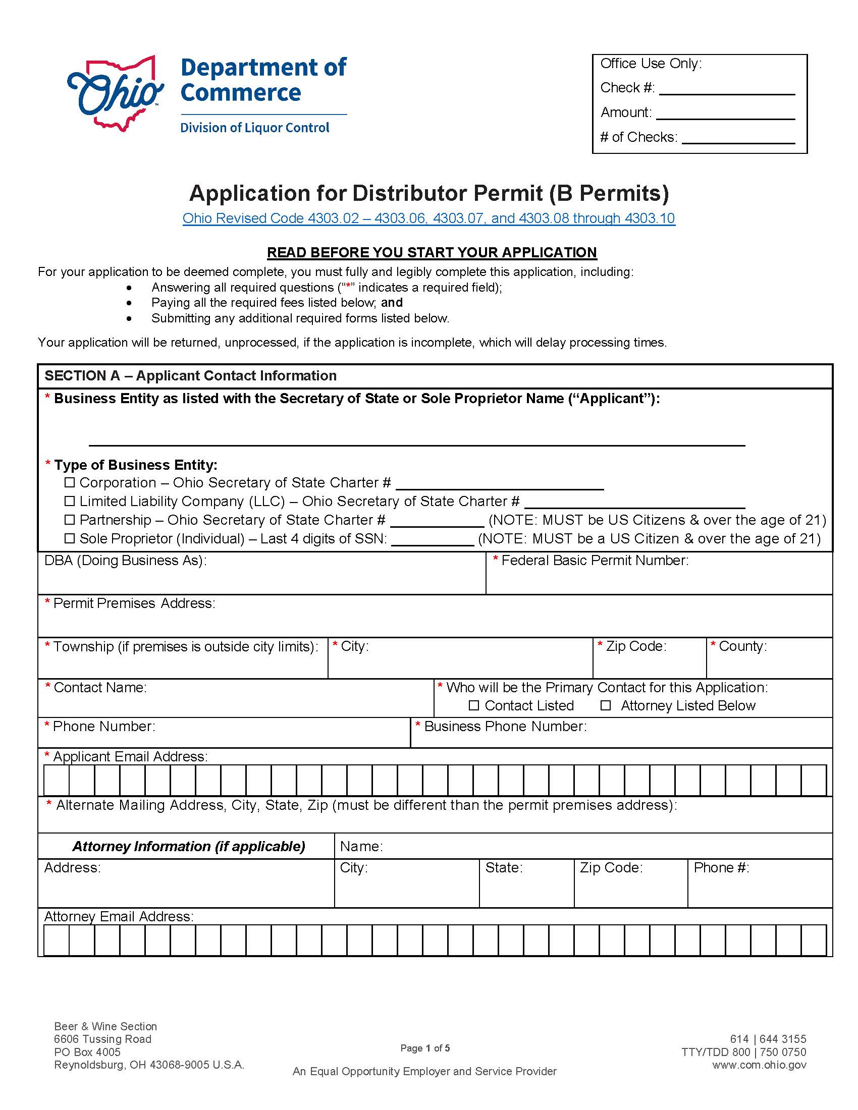 Application For Distributor Permit (B Permits  {DLC 4176-B} | Pdf Fpdf Doc Docx | Ohio