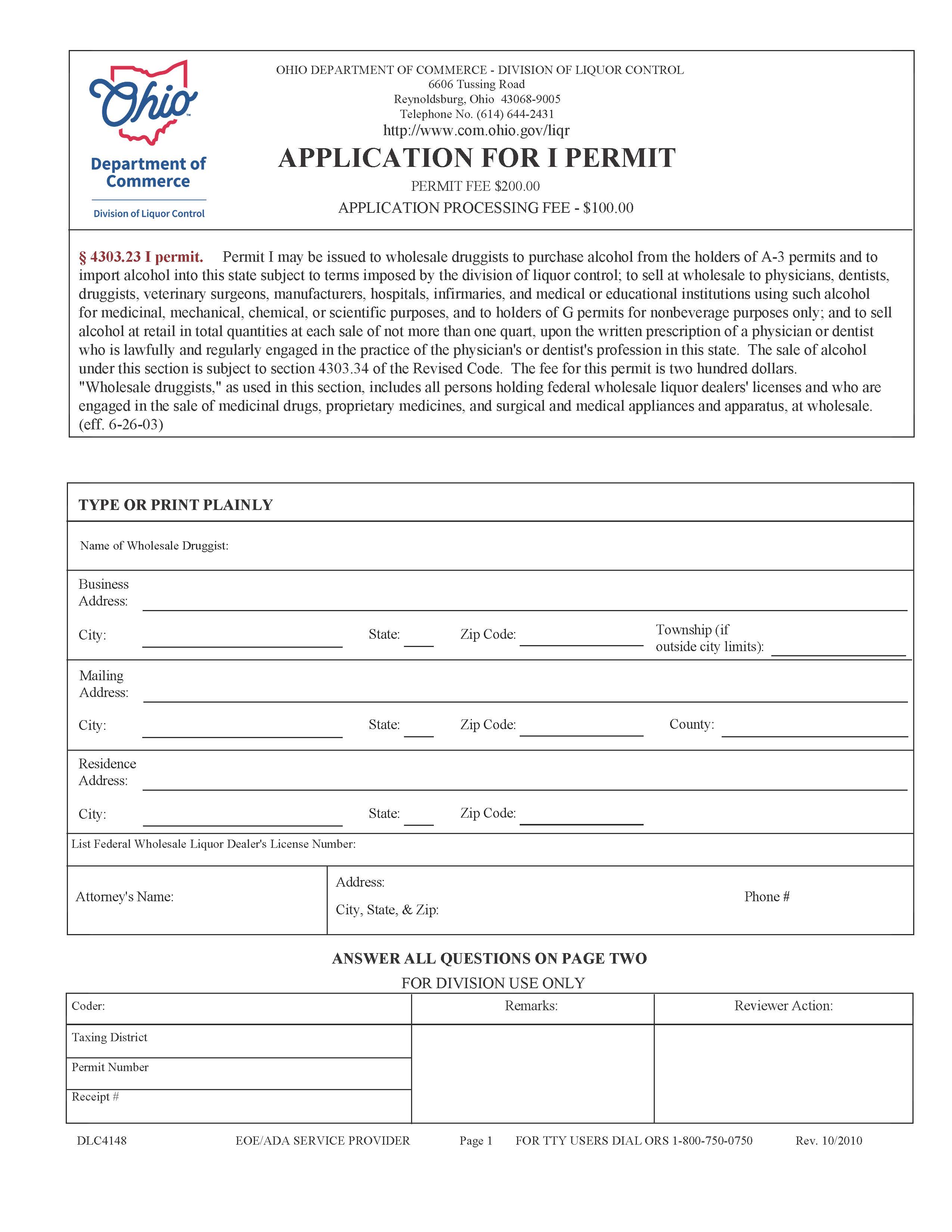 Application For I Permit {DLC 4148} | Pdf Fpdf Doc Docx | Ohio