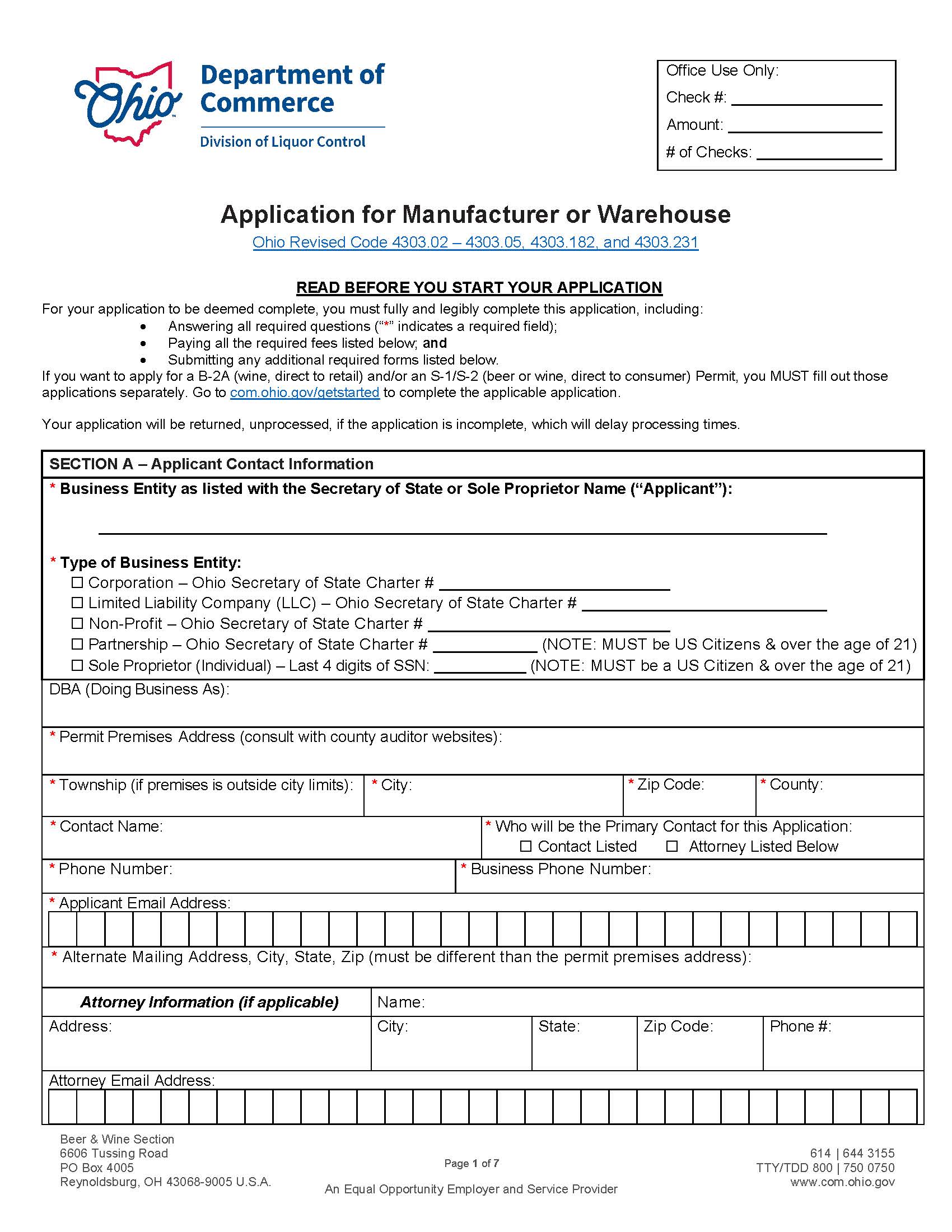 Application For Manufacturer Or Warehouse {DLC 4174} | Pdf Fpdf Doc Docx | Ohio