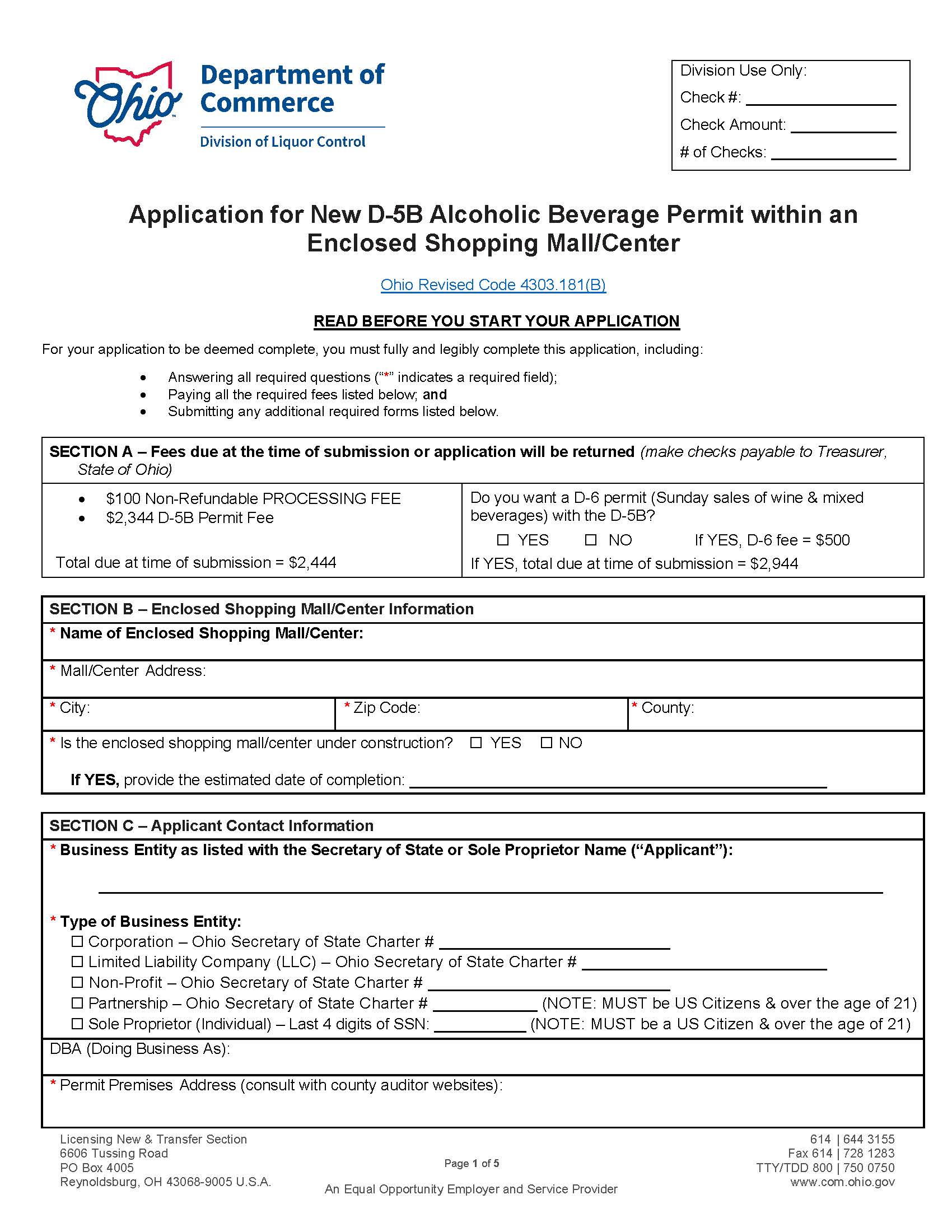 Application For New D-5B Permit {DLC 4137} | Pdf Fpdf Doc Docx | Ohio