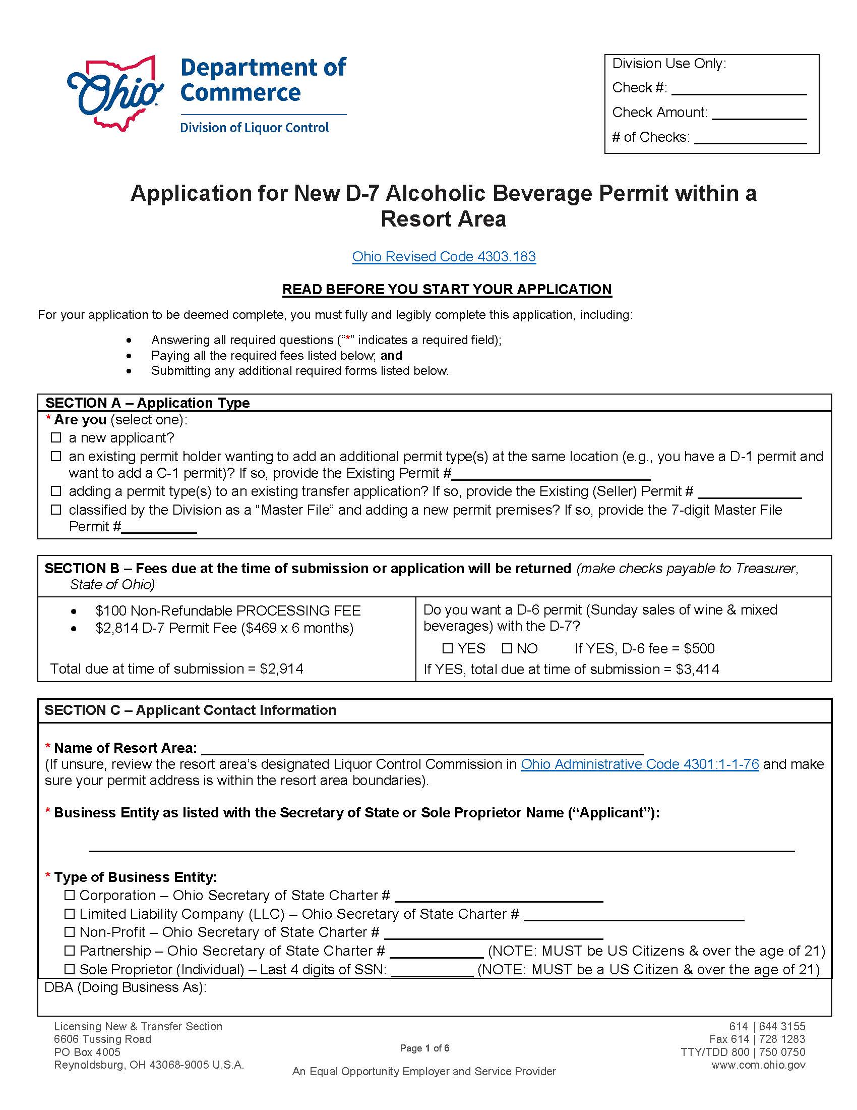 Application For New D-7 Alcoholic Permit Within Resort Area {DLC 4171} | Pdf Fpdf Doc Docx | Ohio