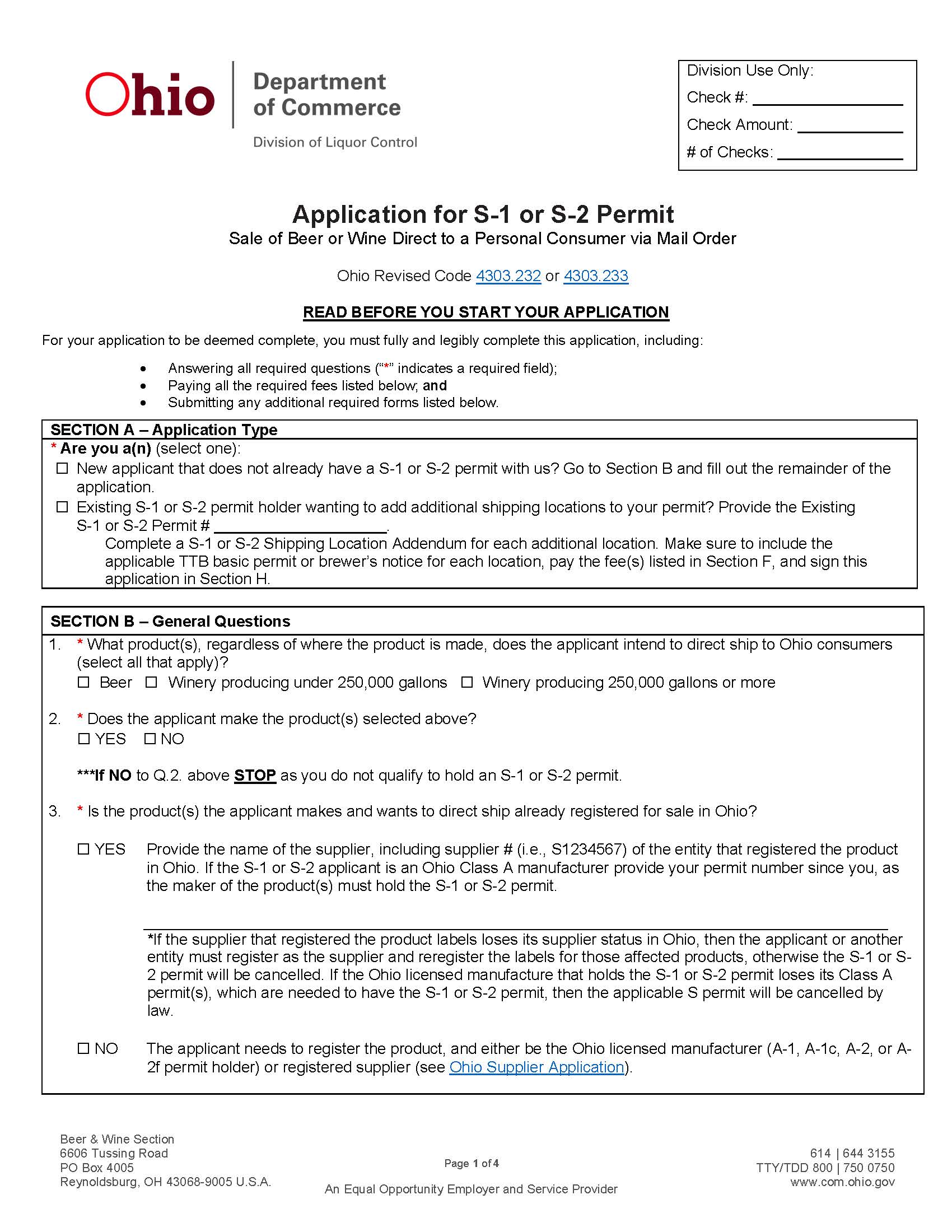 Application For S-1 Or S-2 Permit {DLC 1614} | Pdf Fpdf Doc Docx | Ohio