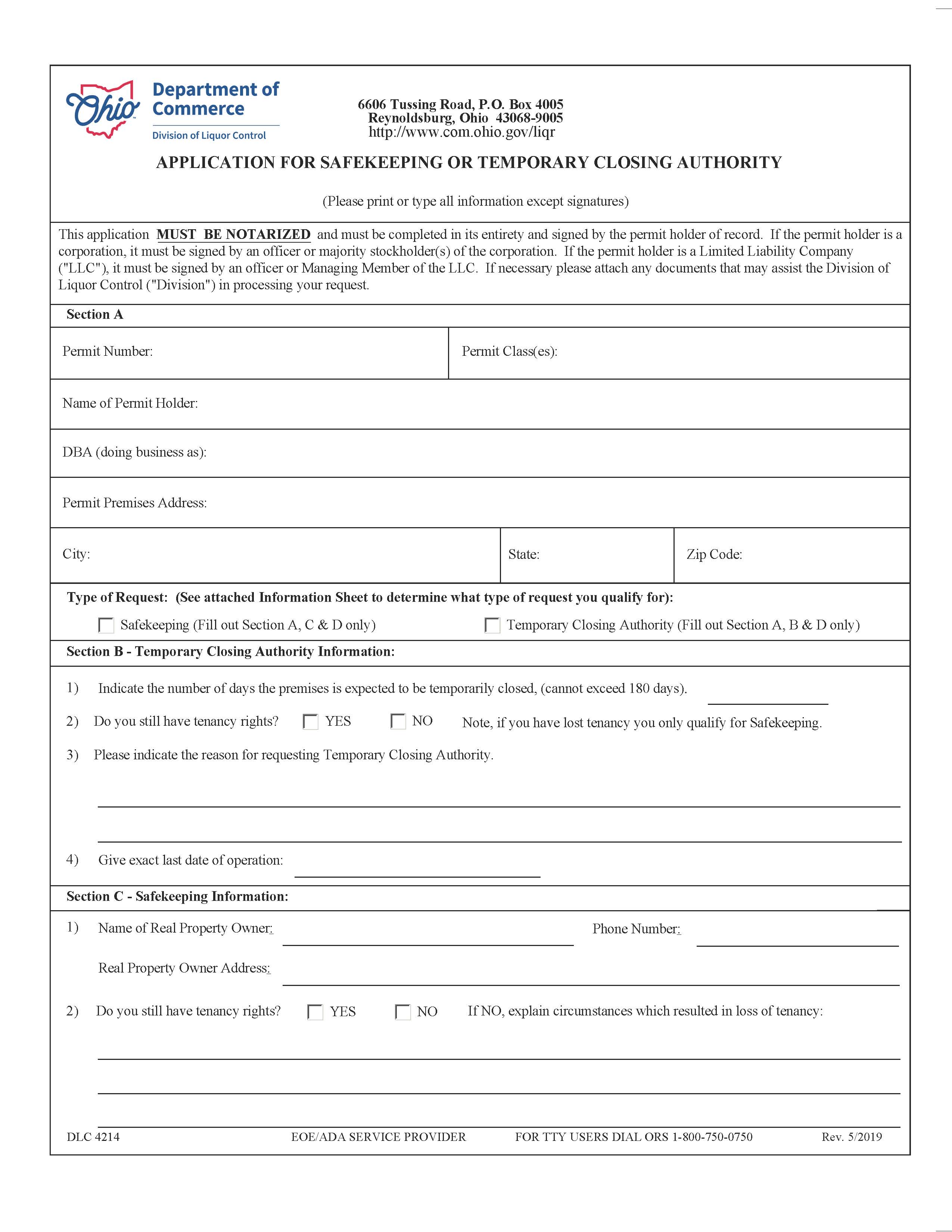 Application For Safekeeping Or Temporary Closing Authority {DLC 4214} | Pdf Fpdf Docx | Ohio