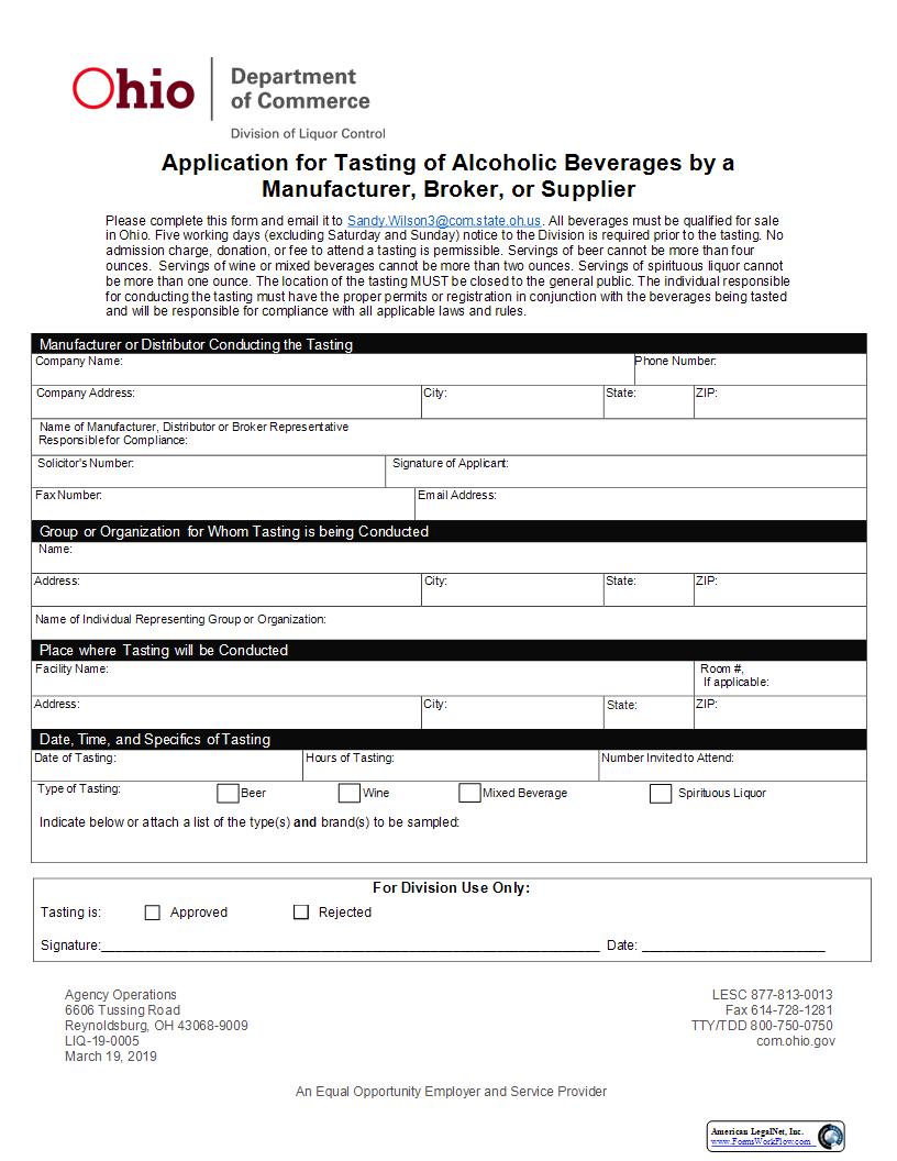 Application For Tasting By A Manufacturer Broker Or Supplier {LIQ 19 0005} | Pdf Fpdf Docx | Ohio