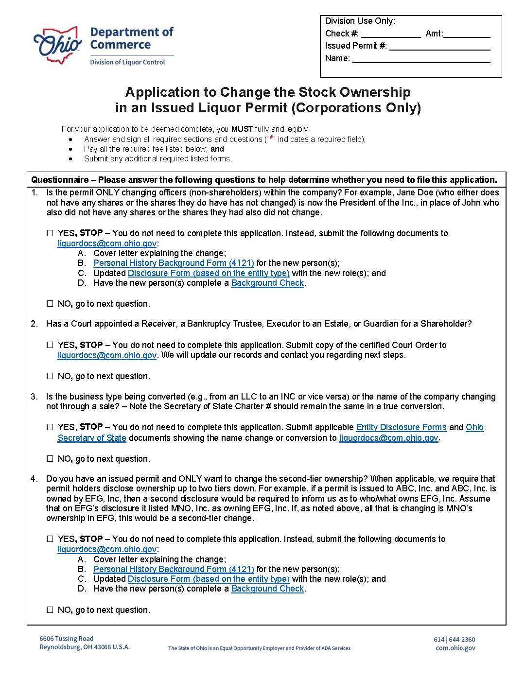 Application To Change Stock Ownership (Corporations) {DLC 4158} | Pdf Fpdf Doc Docx | Ohio