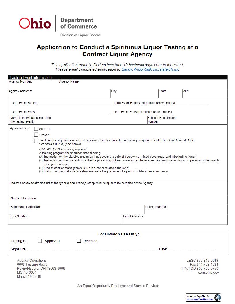 Application To Conduct A Spirituous Liquor Tasting At A Liquor Agency {LIQ 19 0004} | Pdf Fpdf Docx | Ohio