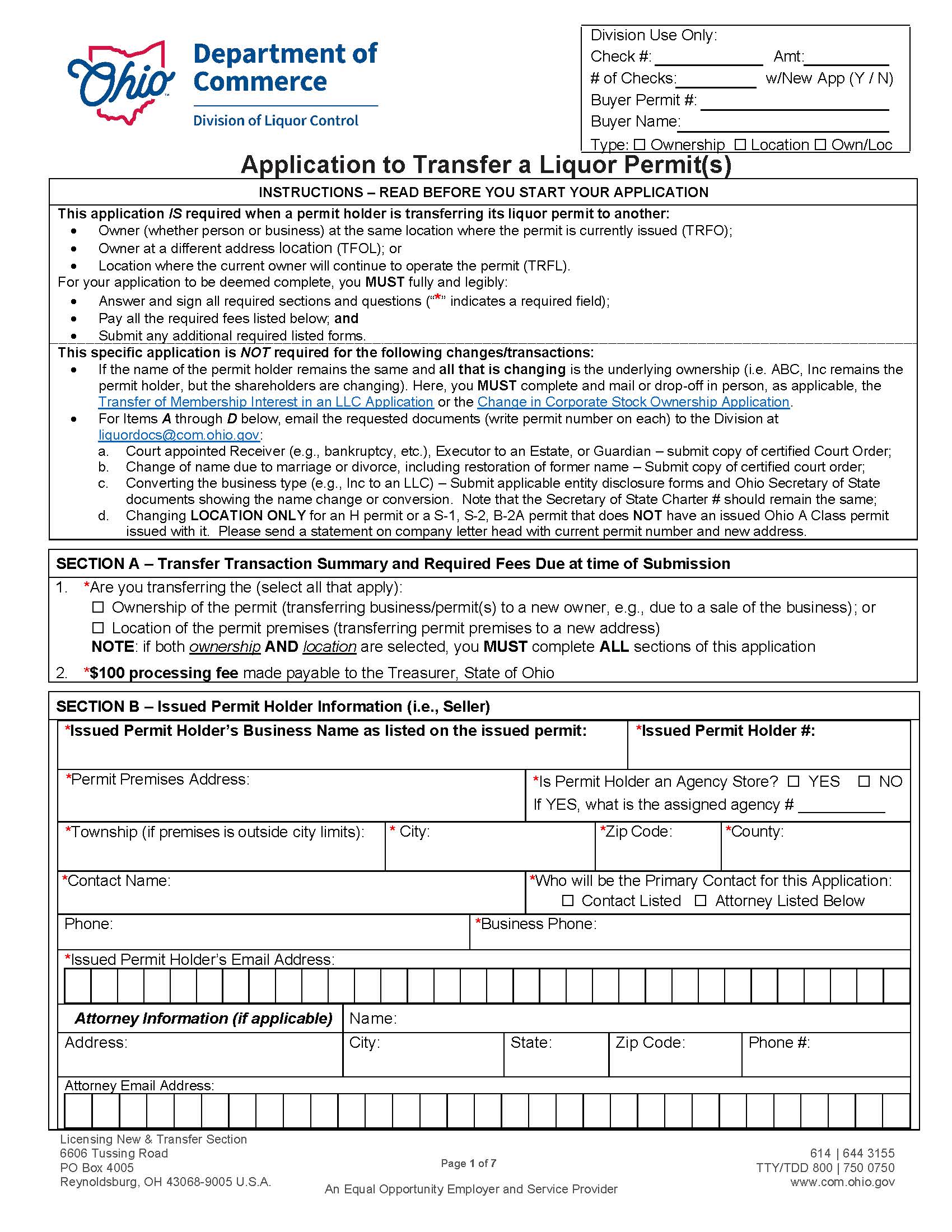 Application To Transfer A Liquor Permit(s) {DLC 4120} | Pdf Fpdf Doc Docx | Ohio