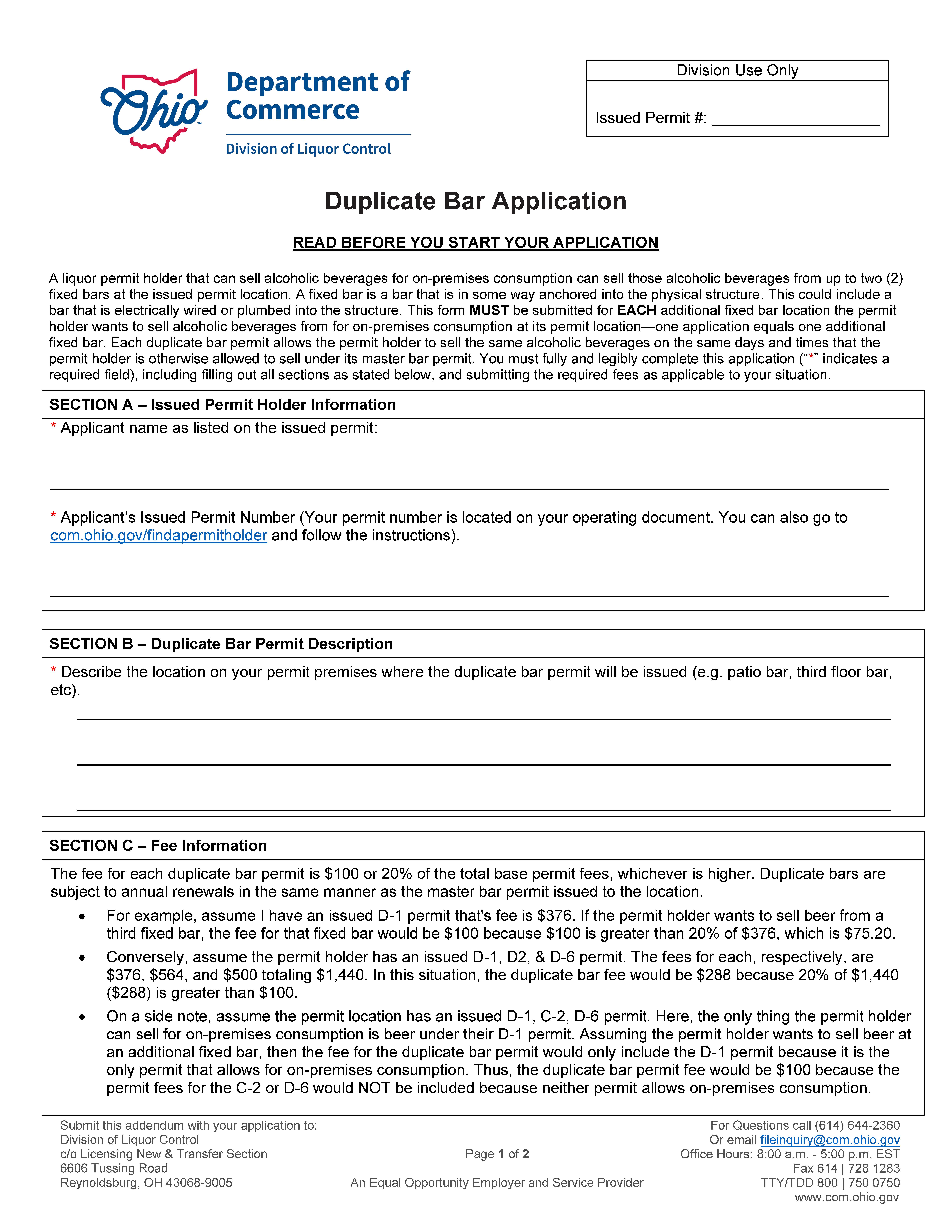 Duplicate Bar Application {DLC 4258} | Pdf Fpdf Doc Docx | Ohio