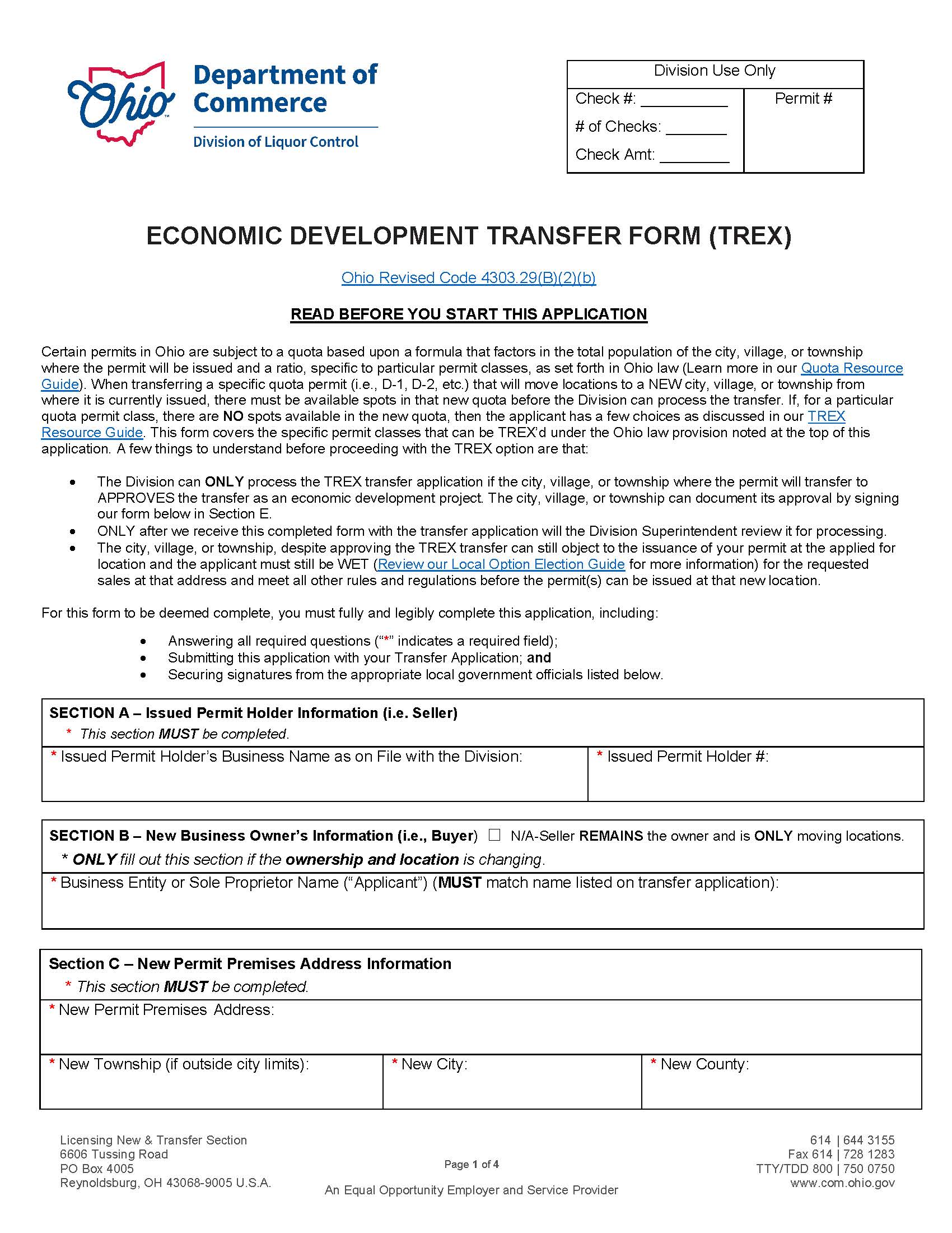 Economic Development (TREX) Transfer Form {DLC 4244} | Pdf Fpdf Doc Docx | Ohio
