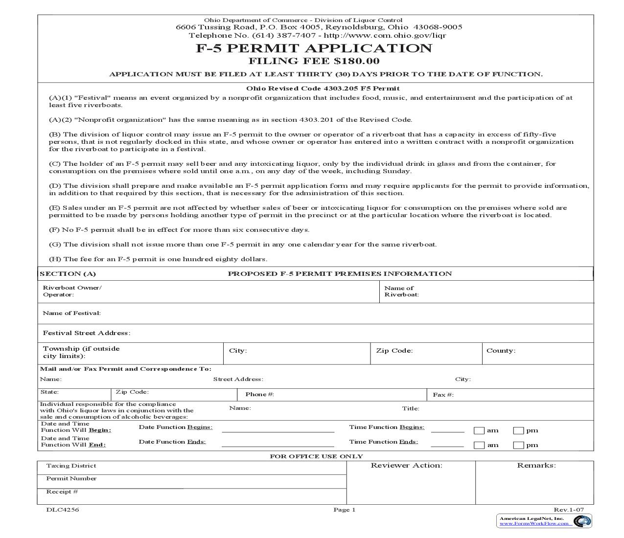 F-5 Permit Application {DLC 4256} | Pdf Fpdf Doc Docx | Ohio