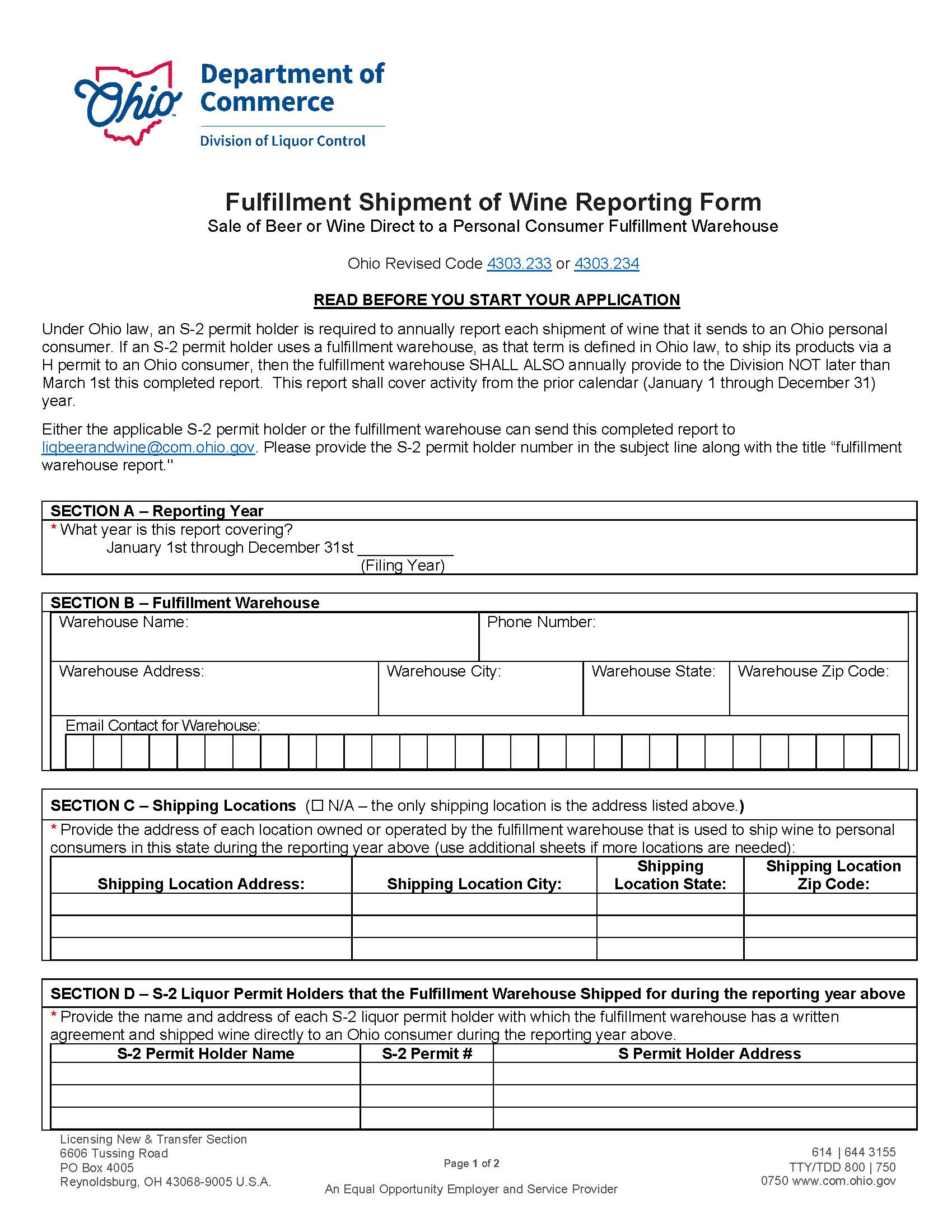 Fulfillment Shipment Of Wine Reporting {DLC 4231} | Pdf Fpdf Doc Docx | Ohio