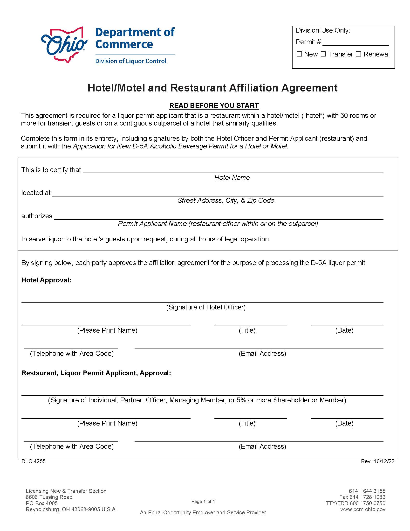 Hotel Motel And Restaurant Affiliation Agreement {DLC 4255} | Pdf Fpdf Docx | Ohio
