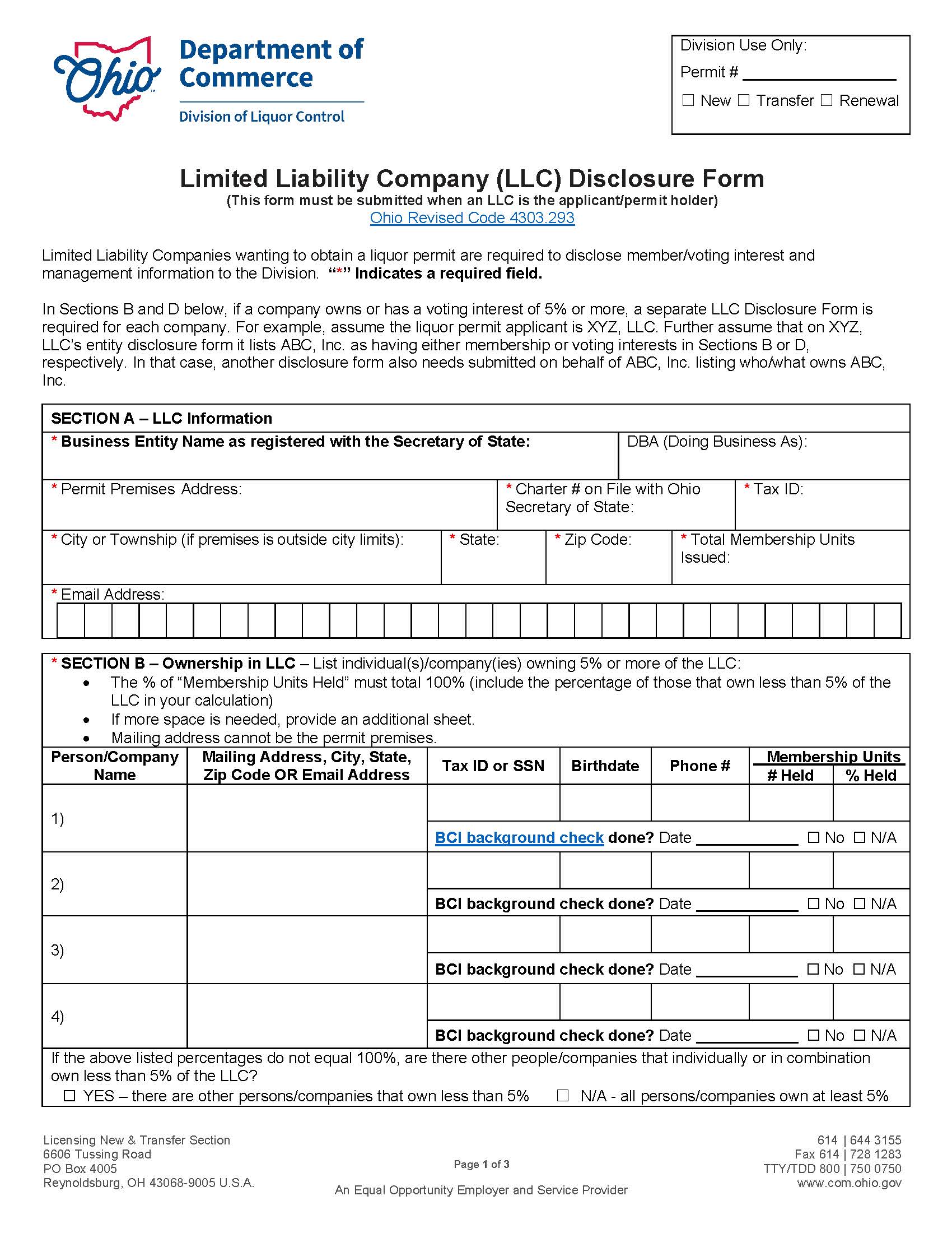 Limited Liability Company Disclosure Form {DLC 4032} | Pdf Fpdf Docx | Ohio
