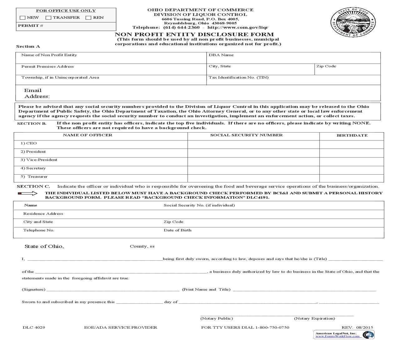 Non Profit Entity Disclosure Form {DLC 4029} | Pdf Fpdf Doc Docx | Ohio