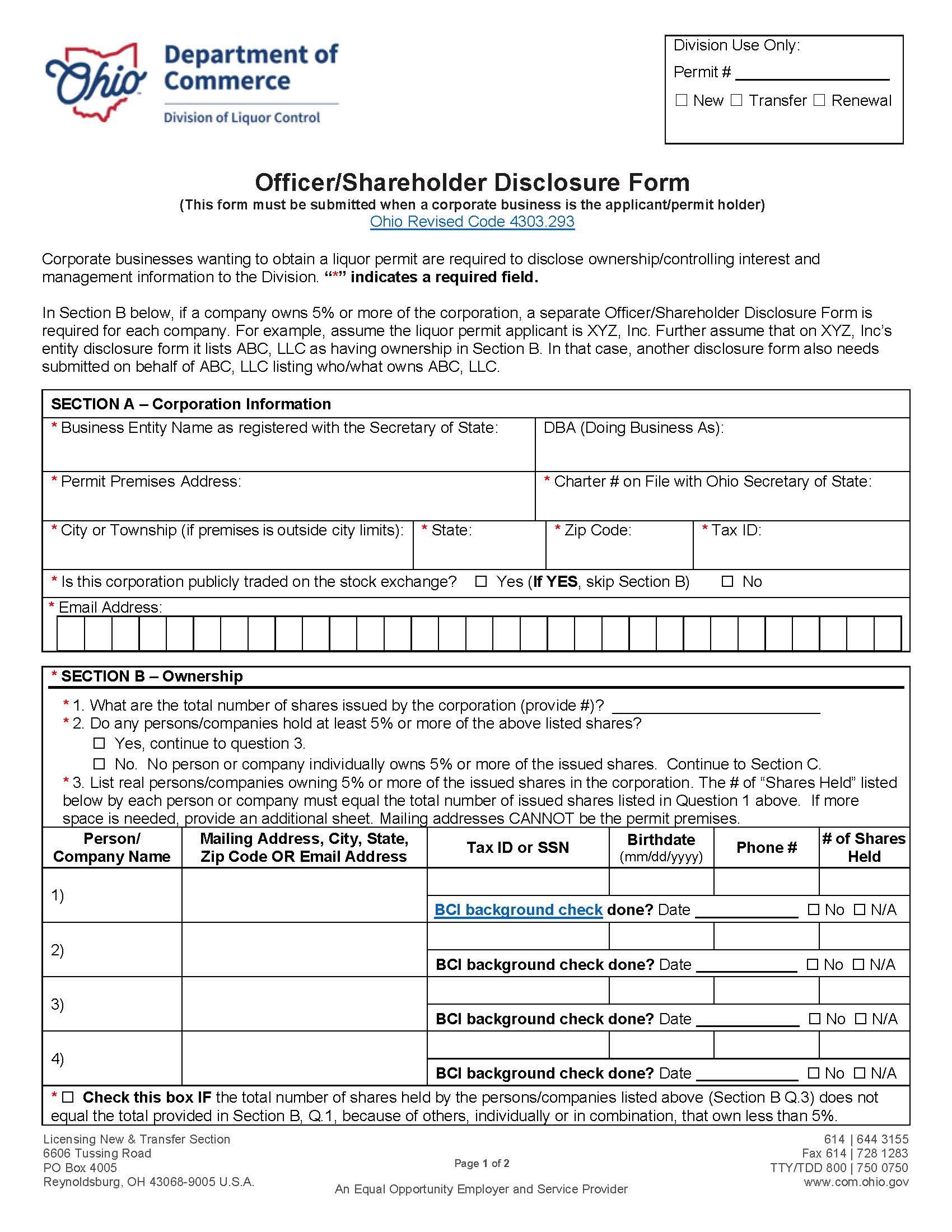 Officer Shareholders Disclosure Form {DLC 4030} | Pdf Fpdf Docx | Ohio