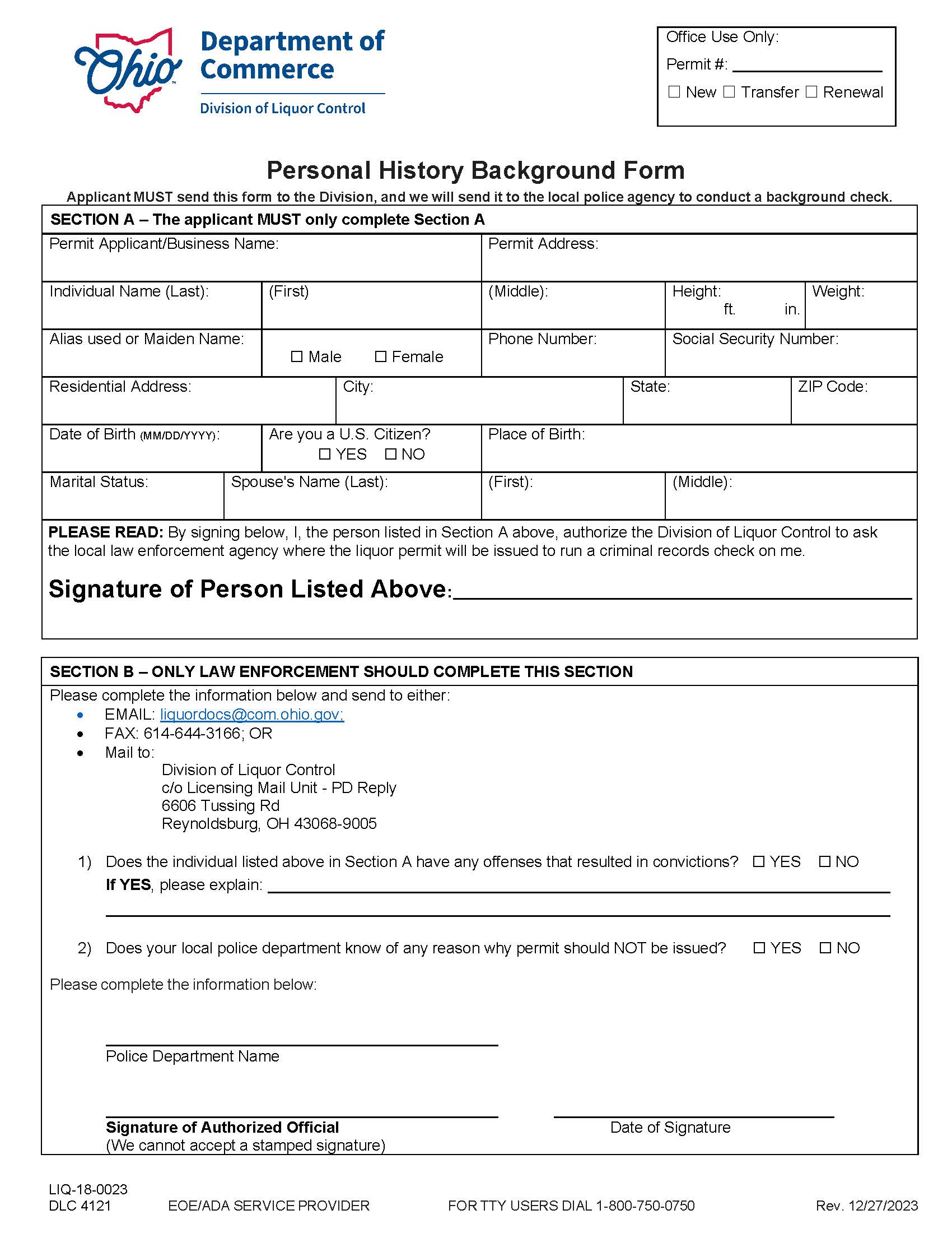 Personal History Background Form {DLC 4121} | Pdf Fpdf Docx | Ohio
