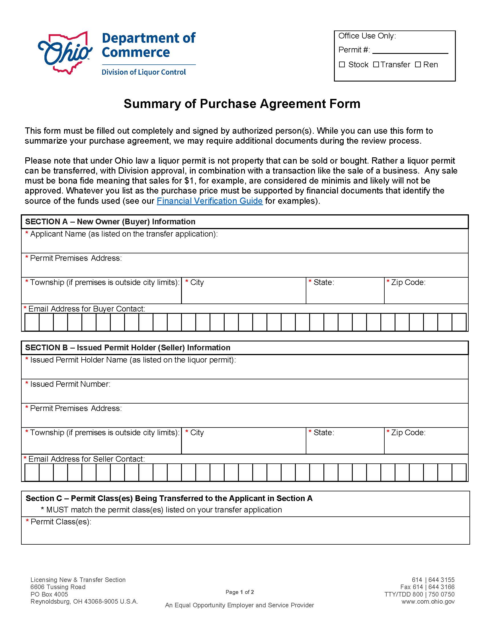 Summary Of Purchase Agreement {DLC 4243} | Pdf Fpdf Docx | Ohio