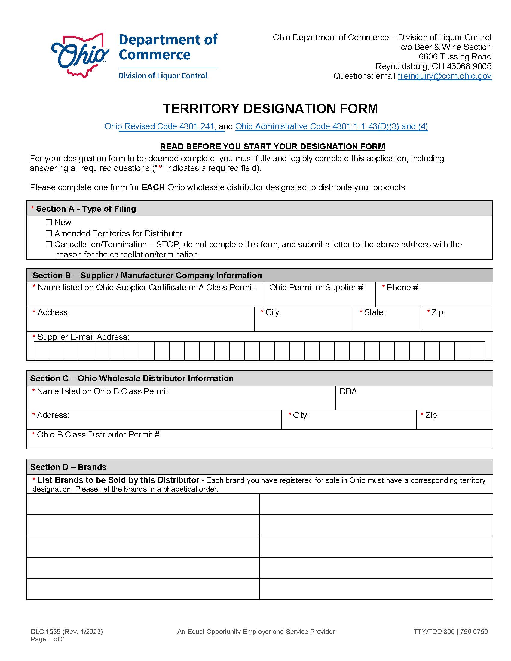 Territory Designation Form {DLC 1539} | Pdf Fpdf Docx | Ohio