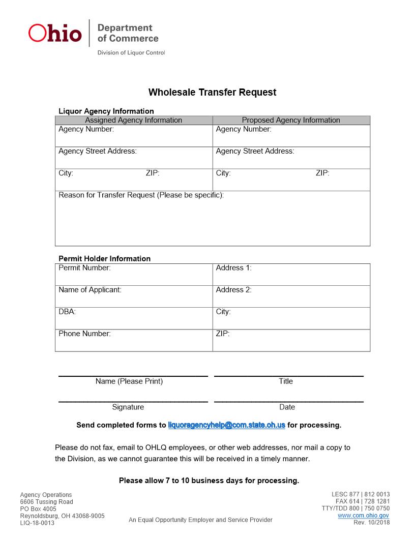Wholesale Transfer Request {DLC-8047} | Pdf Fpdf Docx | Ohio