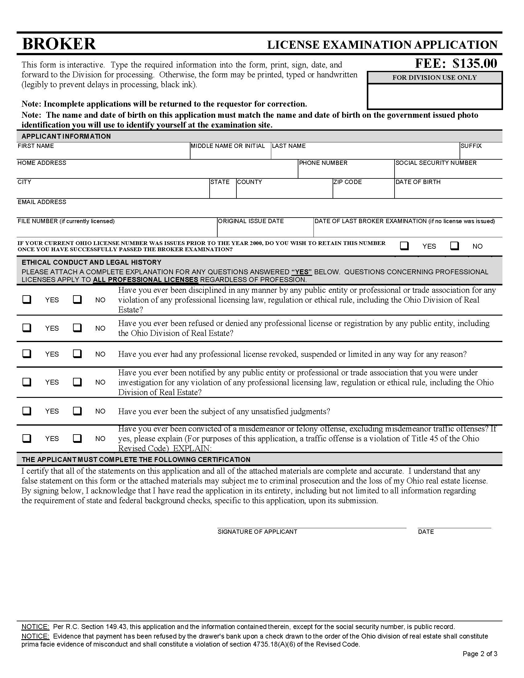 Broker License Examination Application {COM 3578} | Pdf Fpdf Docx | Ohio