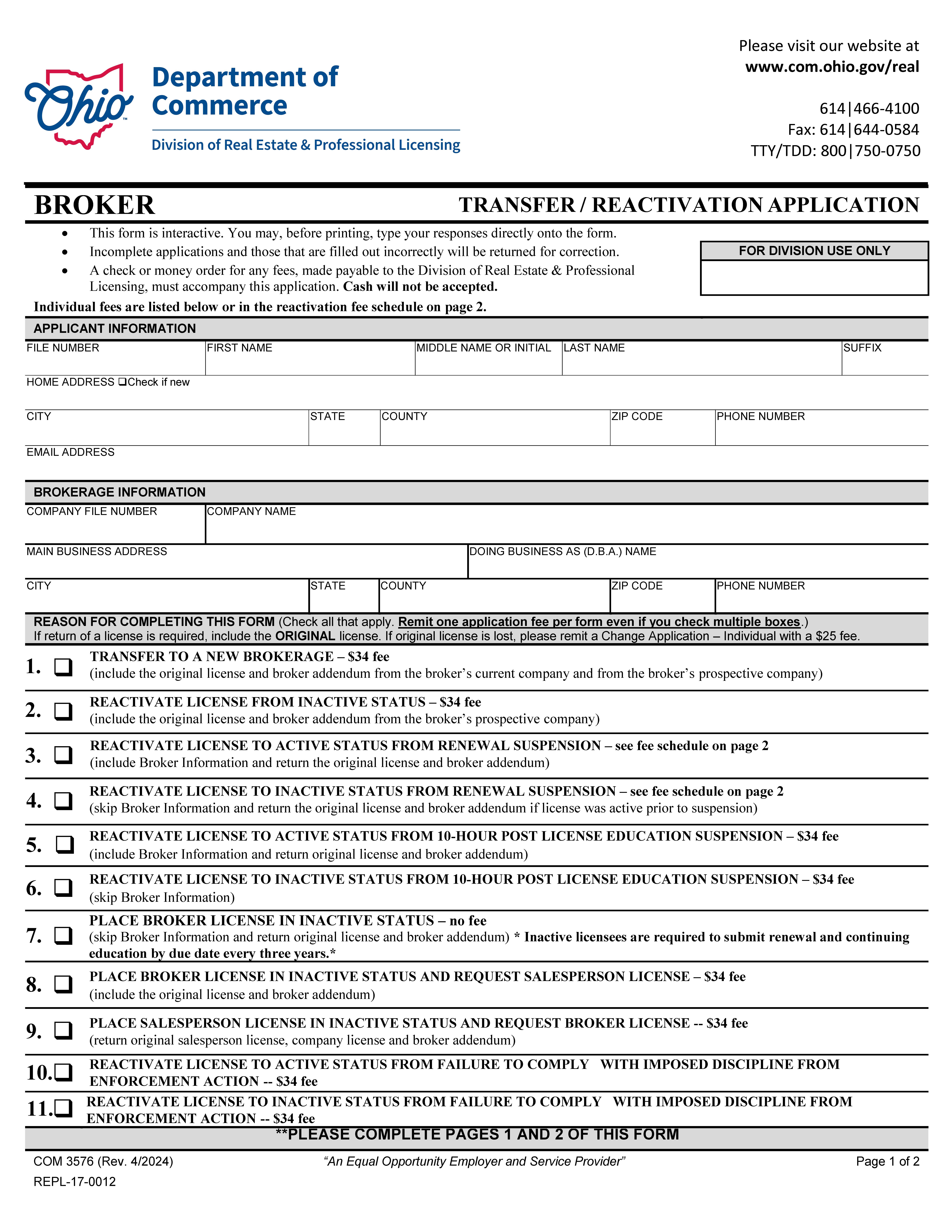 Transfer Reactivation Application {COM 3576} | Pdf Fpdf Docx | Ohio