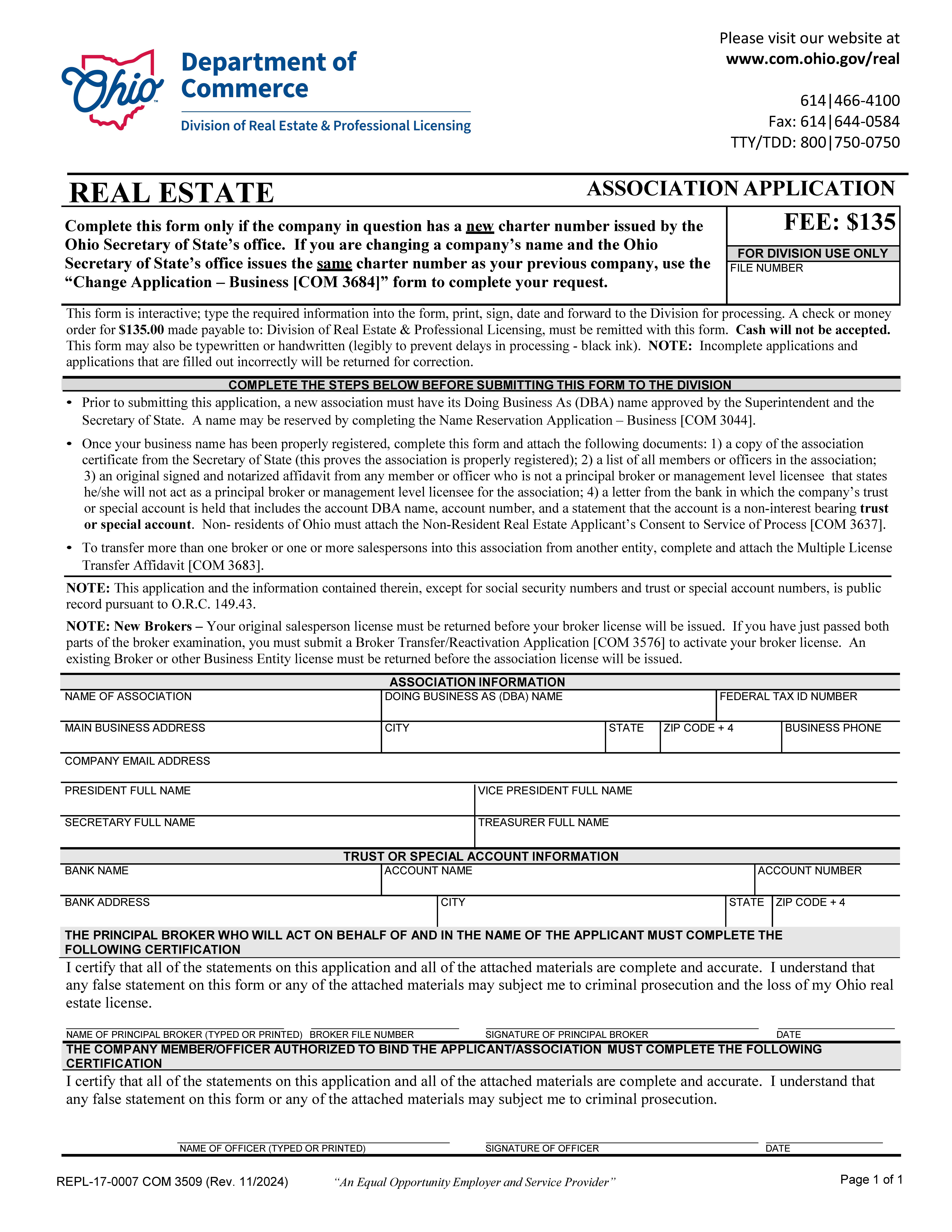 Association Application {COM 3509} | Pdf Fpdf Docx | Ohio