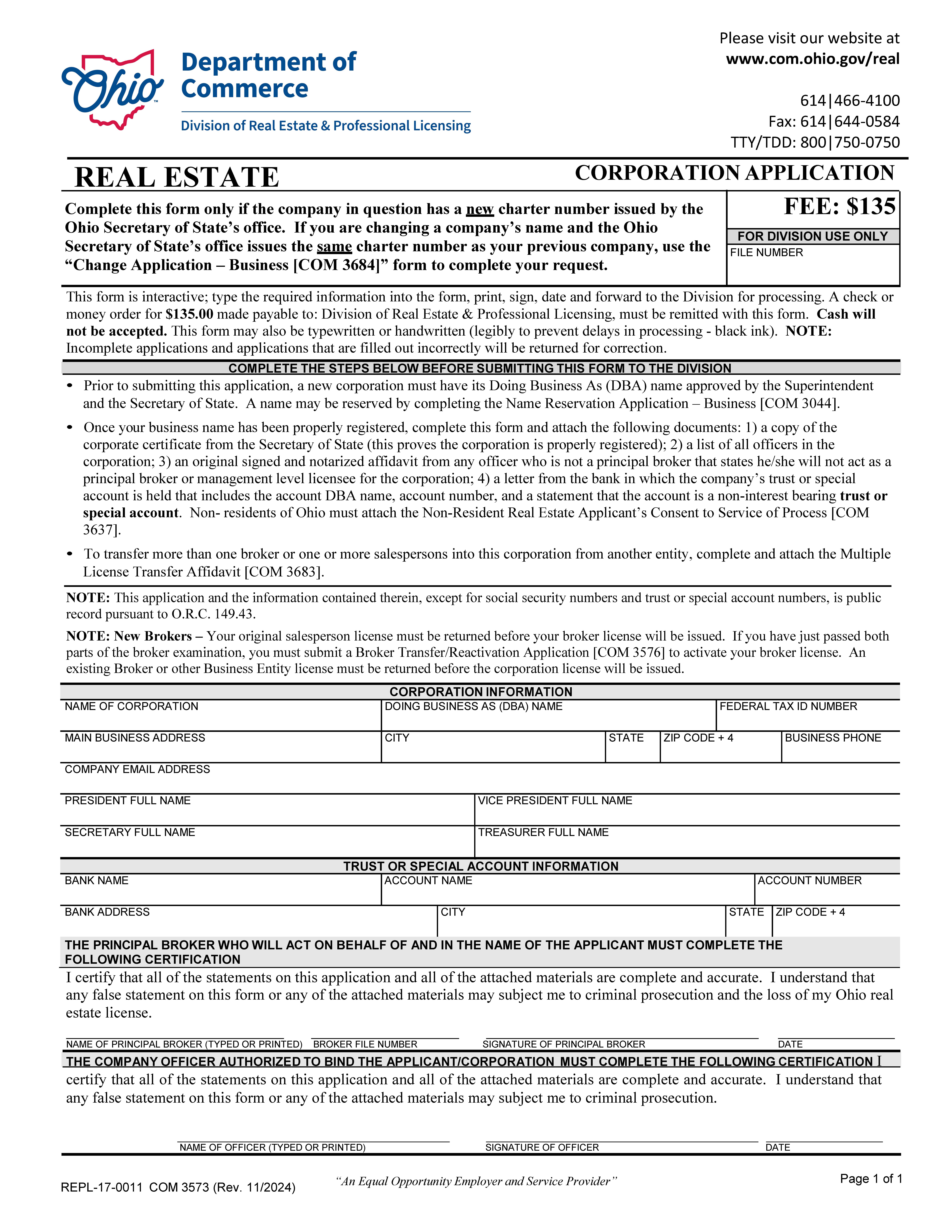 Corporation Application {COM 3573} | Pdf Fpdf Docx | Ohio