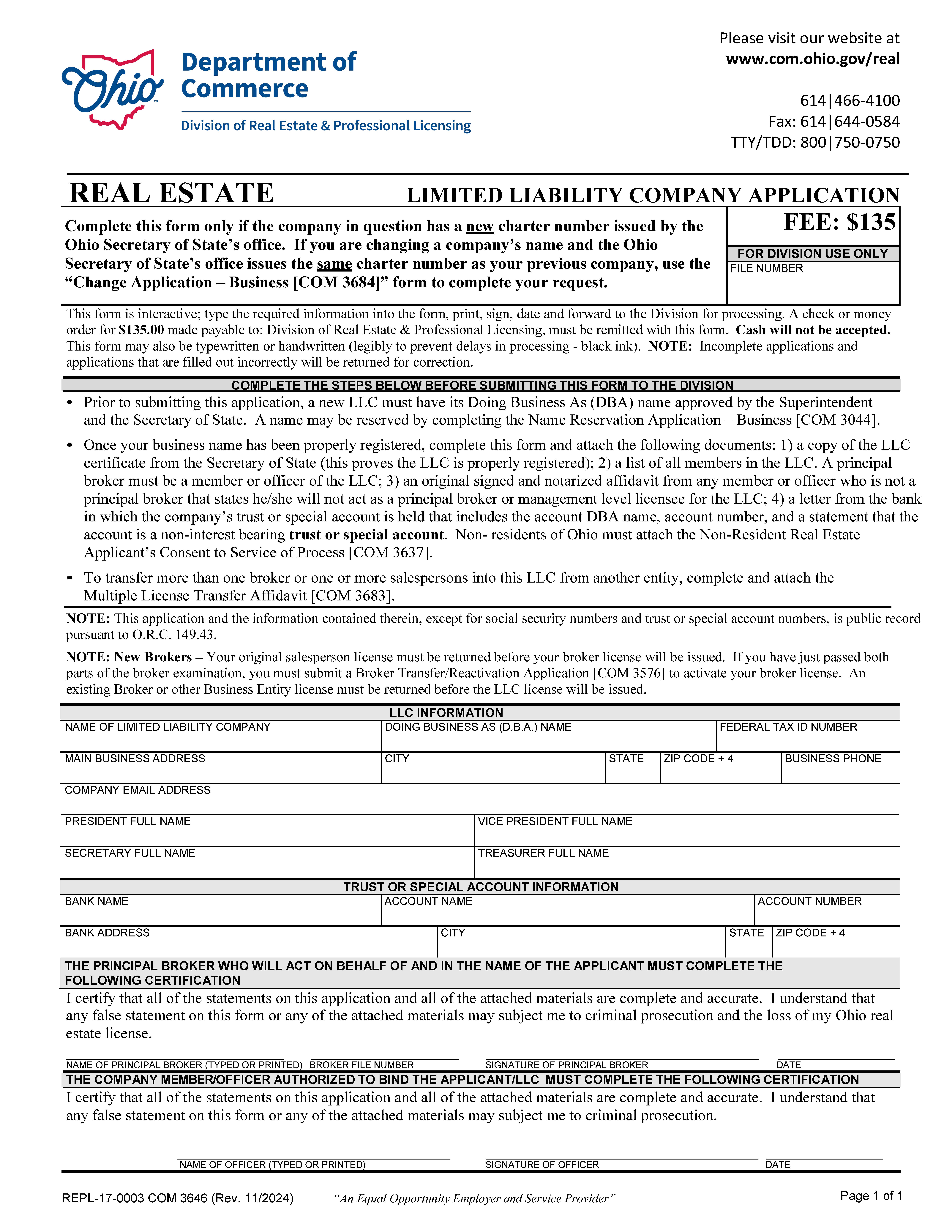Limited Liability Company Application {COM 3646} | Pdf Fpdf Docx | Ohio