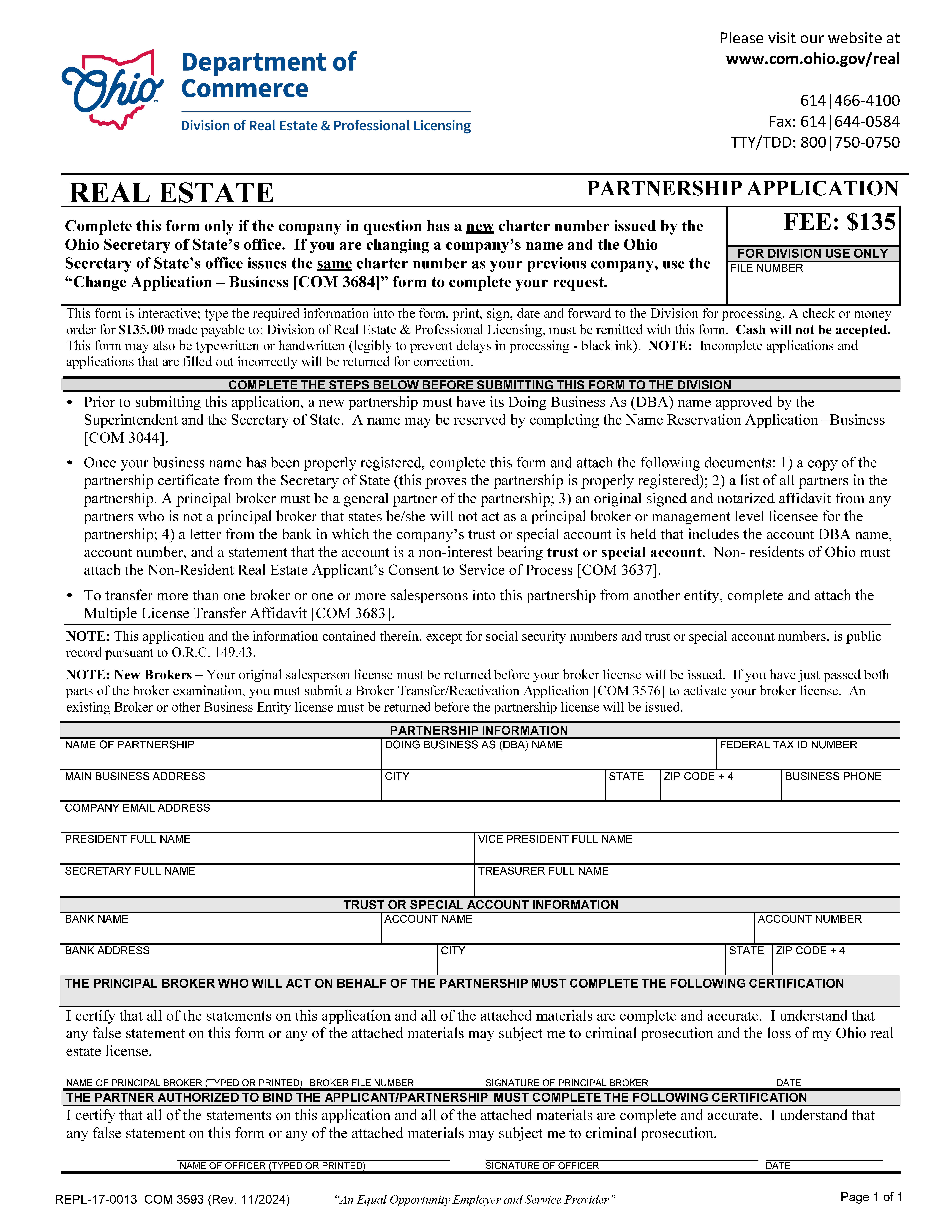 Partnership Application {COM 3593} | Pdf Fpdf Docx | Ohio