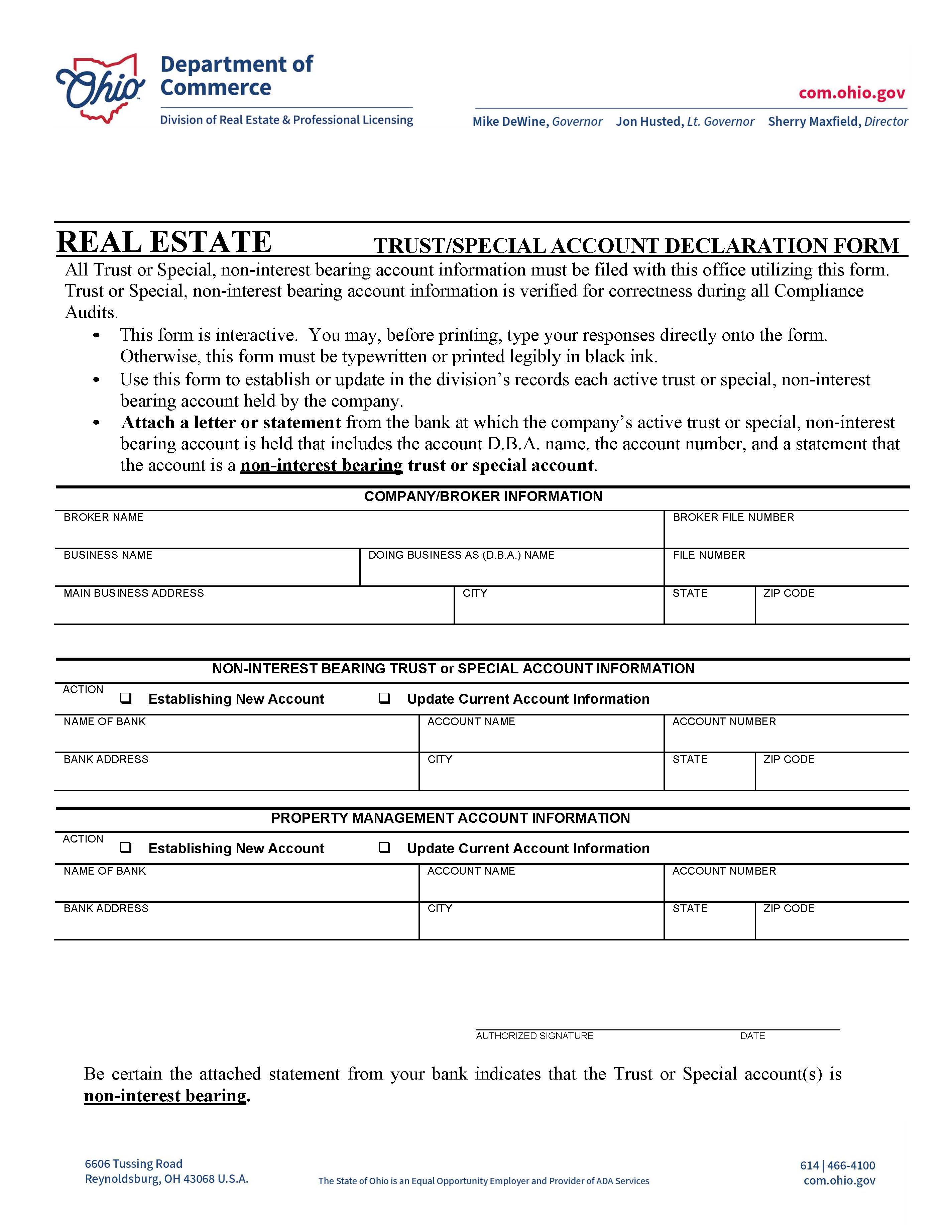Trust Special Account Declaration Form {COM 3692} | Pdf Fpdf Docx | Ohio