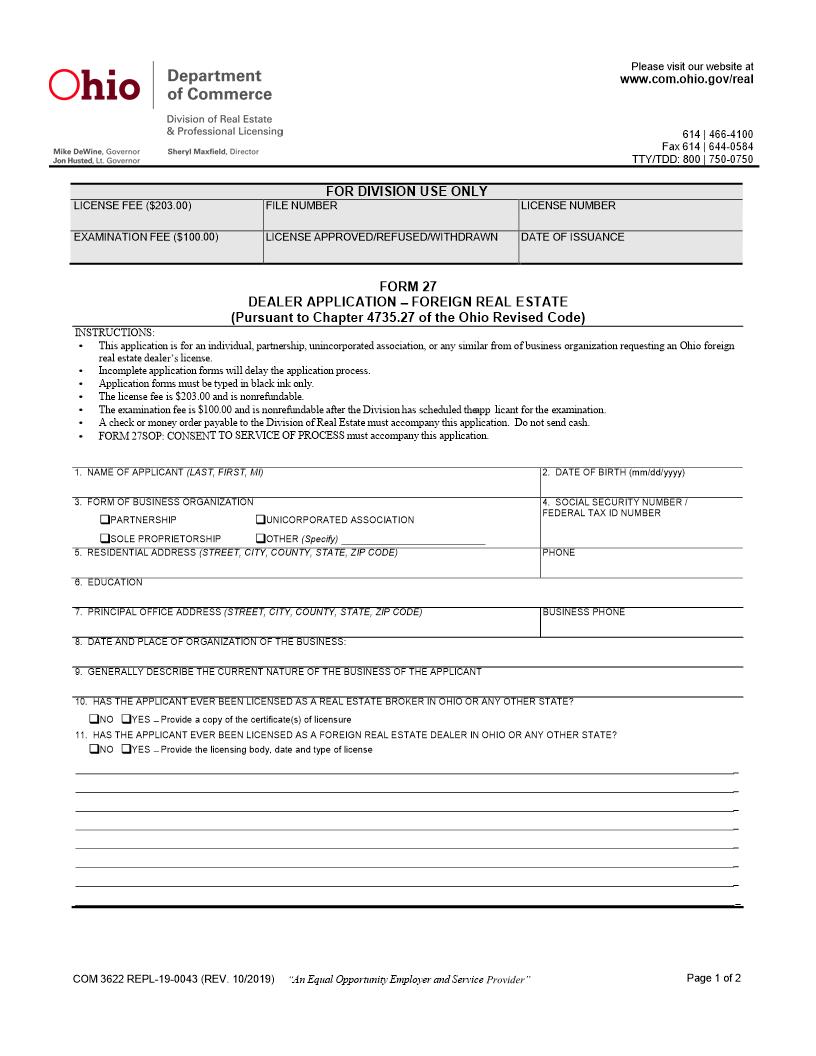 Dealer Application {COM 3622} | Pdf Fpdf Docx | Ohio