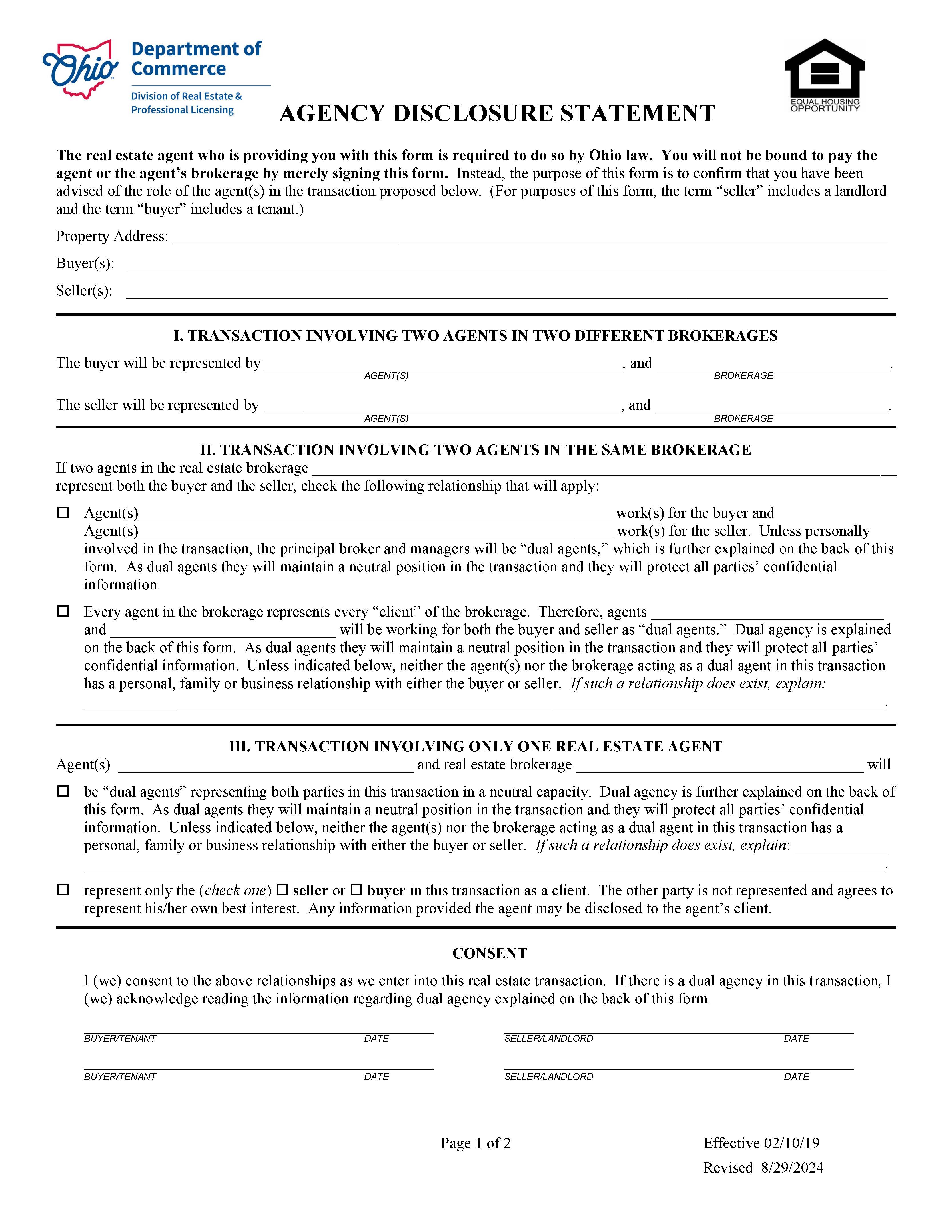 Agency Disclosure Statement | Pdf Fpdf Docx | Ohio