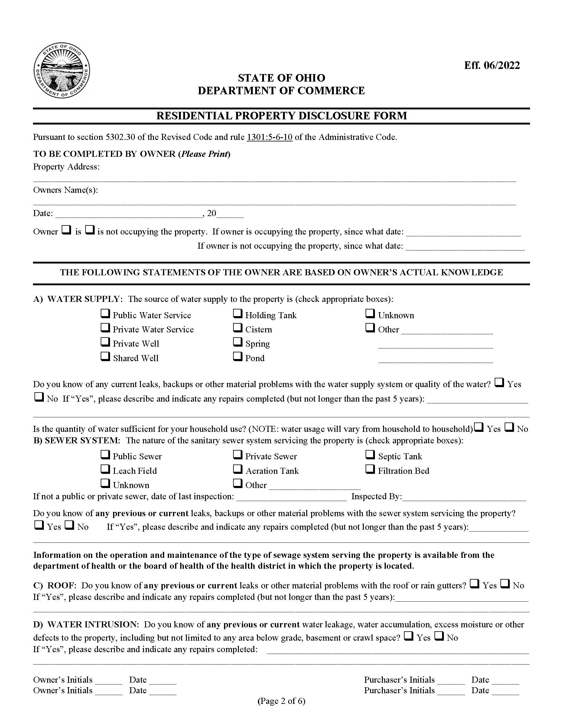 Residential Property Disclosure Form | Pdf Fpdf Docx | Ohio