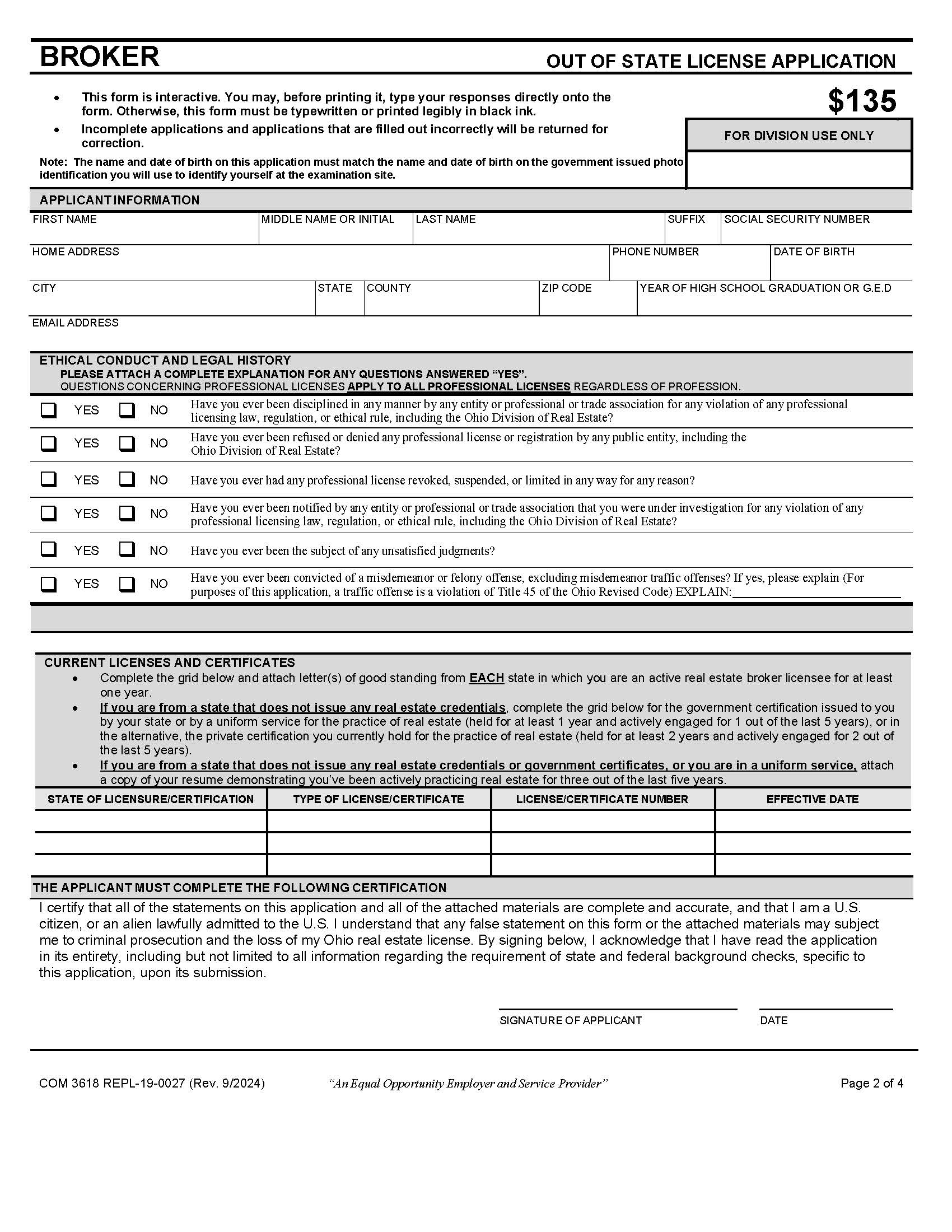 Out Of State License Application (Broker) {COM 3618} | Pdf Fpdf Docx | Ohio