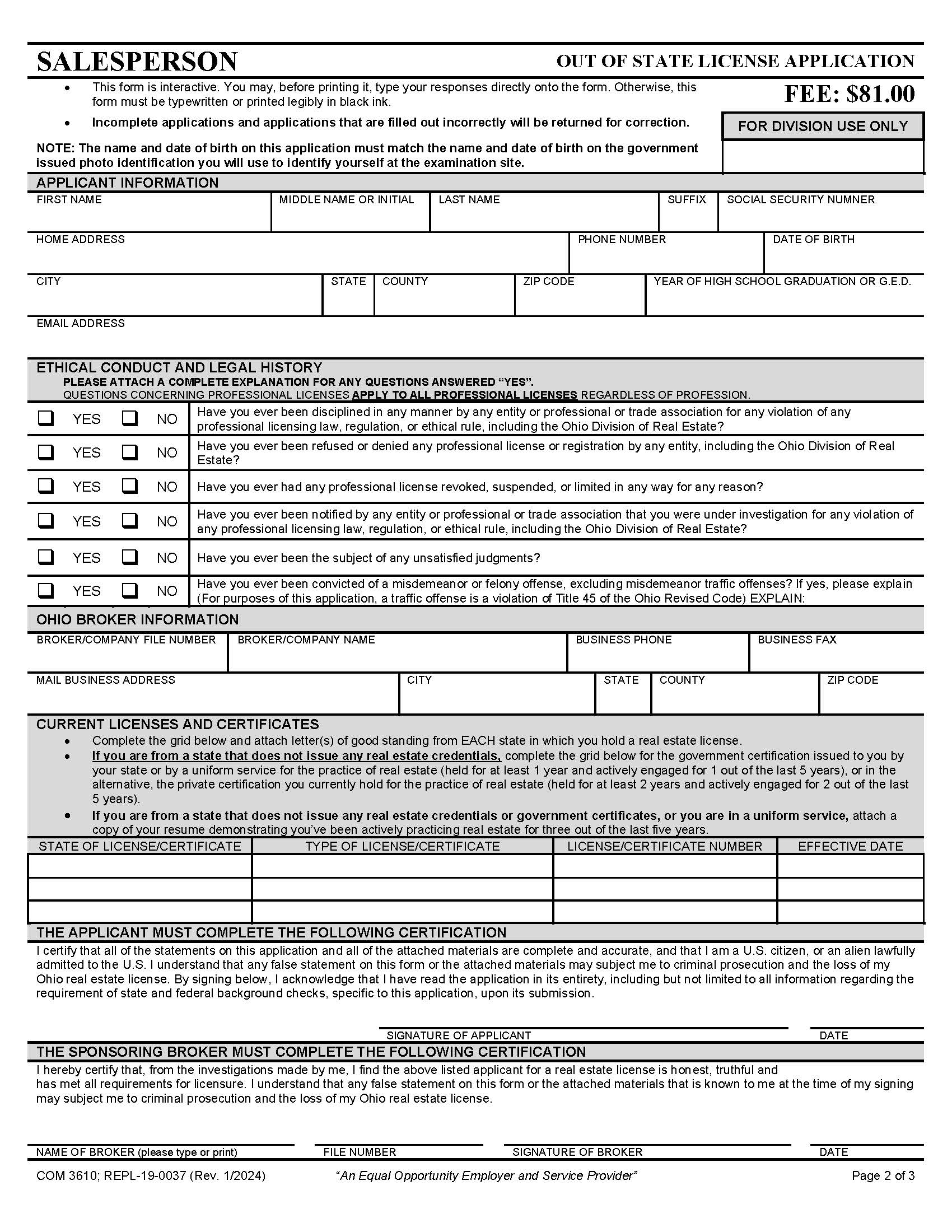 Out Of State License Application (Salesperson) {COM 3610} | Pdf Fpdf Docx | Ohio