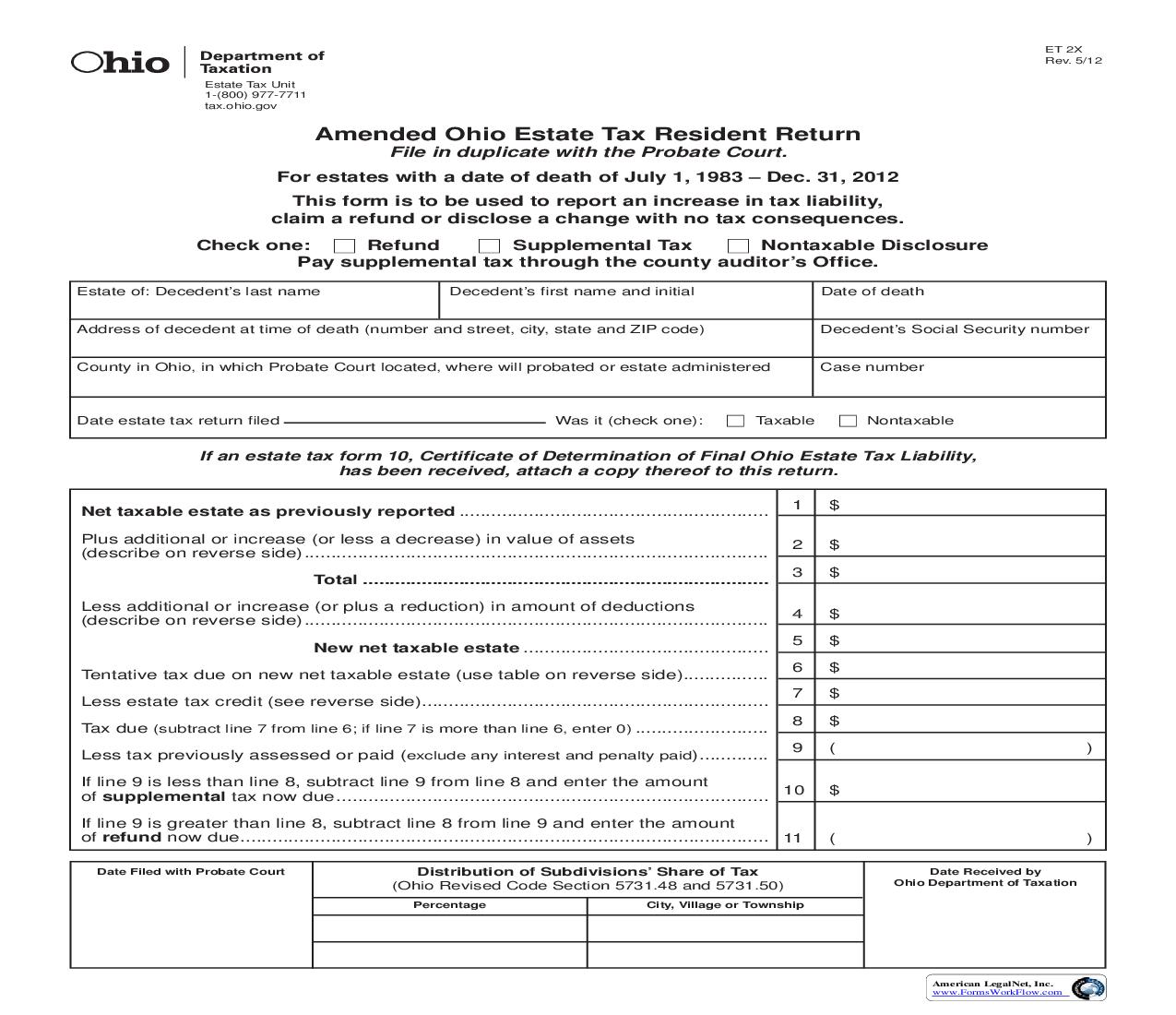 Amended Ohio Estate Tax Resident Return Date Of Death After 6-30-83 {2-X} | Pdf Fpdf Doc Docx | Ohio