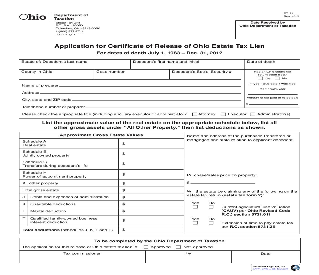 Application For Certificate Of Release Of Ohio State Tax Lien {21} | Pdf Fpdf Doc Docx | Ohio