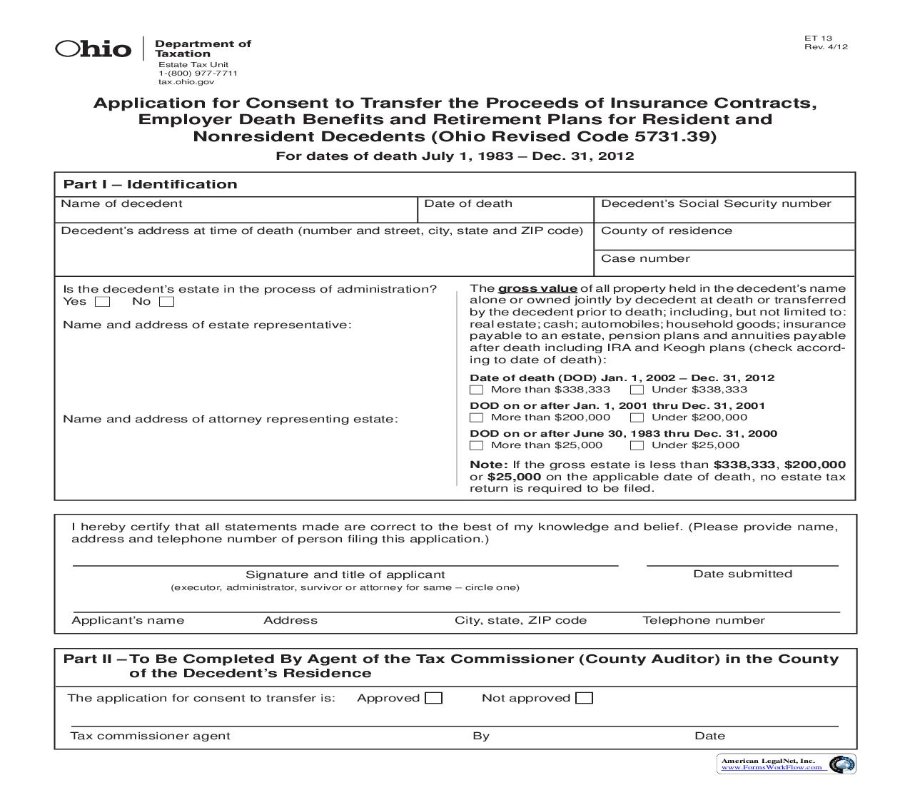 Application For Consent To Transfer Proceeds Of Insurance Death Benefits And Retirement Plans {13} | Pdf Fpdf Doc Docx | Ohio