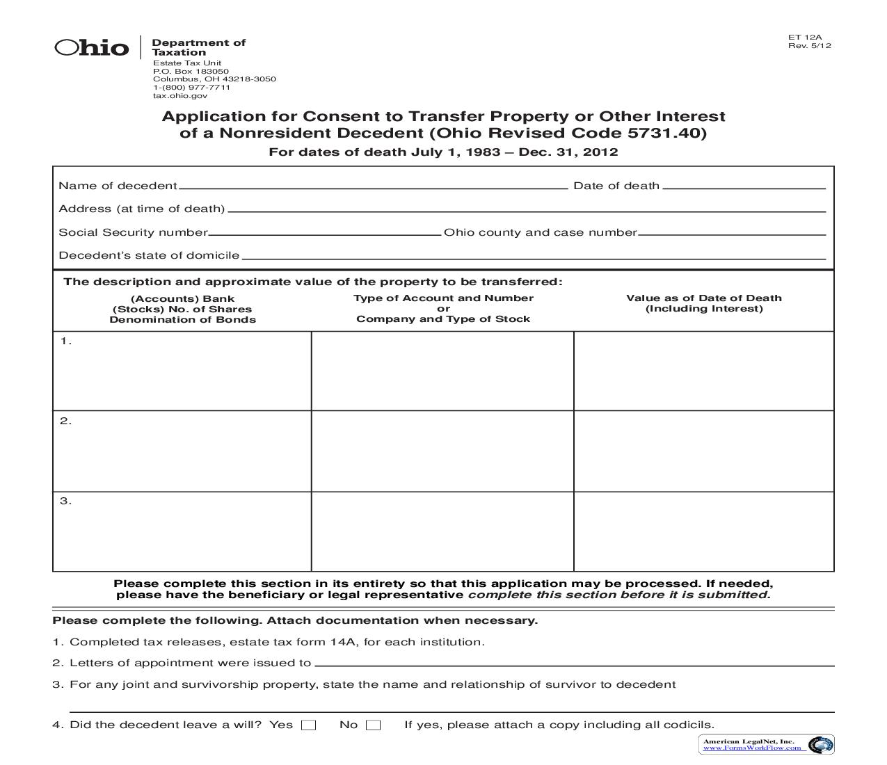 Application For Consent To Transfer Property Or Other Interest Of Non-Resident Decedent {12-A} | Pdf Fpdf Doc Docx | Ohio